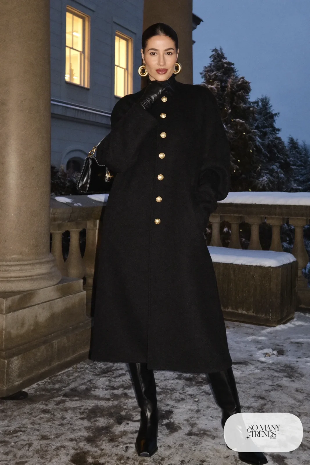 black coat dress gold buttons tall black boots gold earrings black gloves outfit 34
