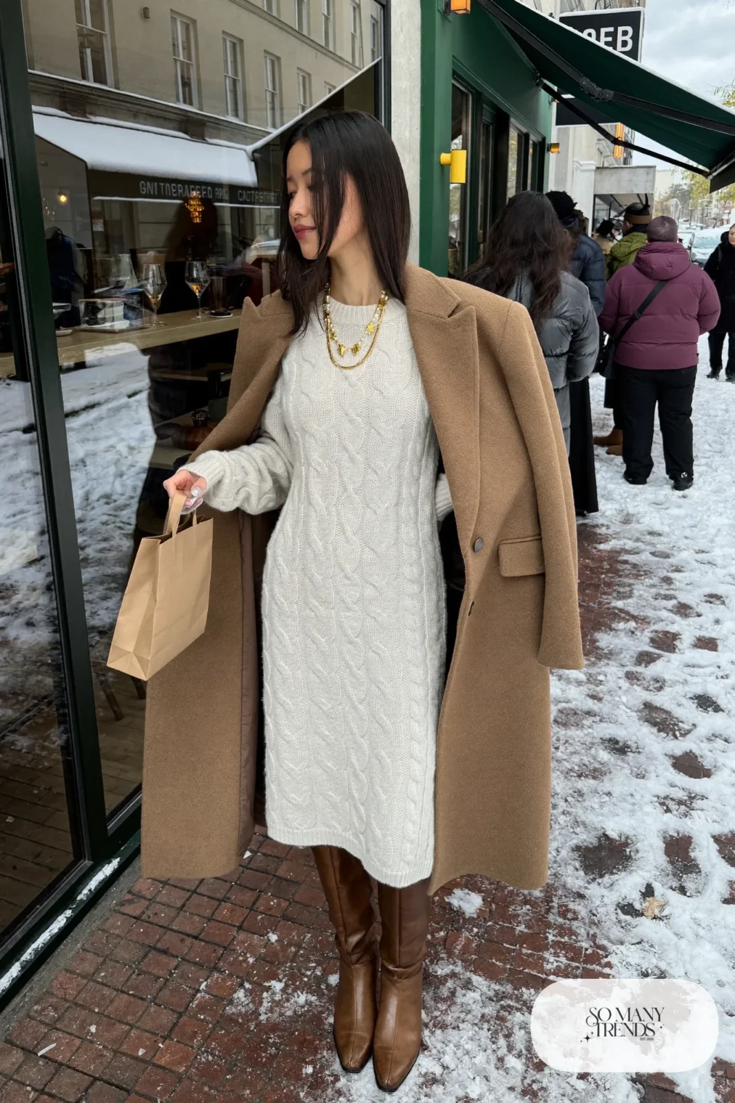 cream cable knit sweater dress camel wool coat tall brown boots gold necklace outfit 2