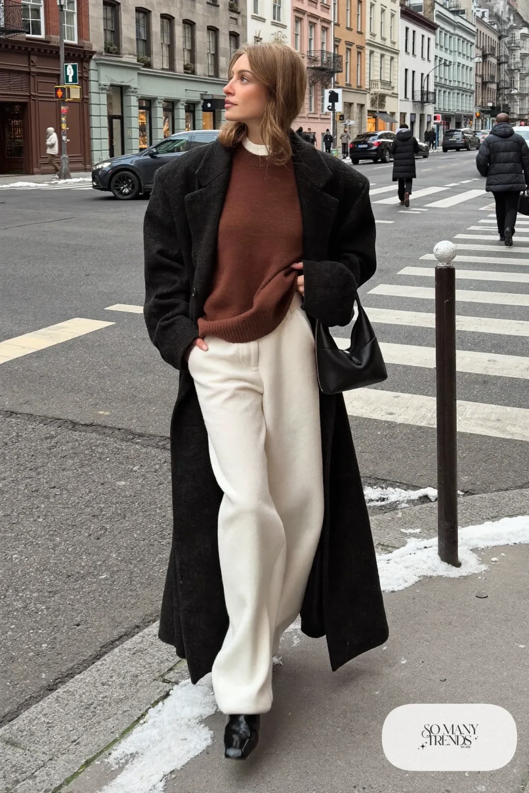 white wide leg pants burgundy knit sweater long black wool coat black ankle boots outfit 3