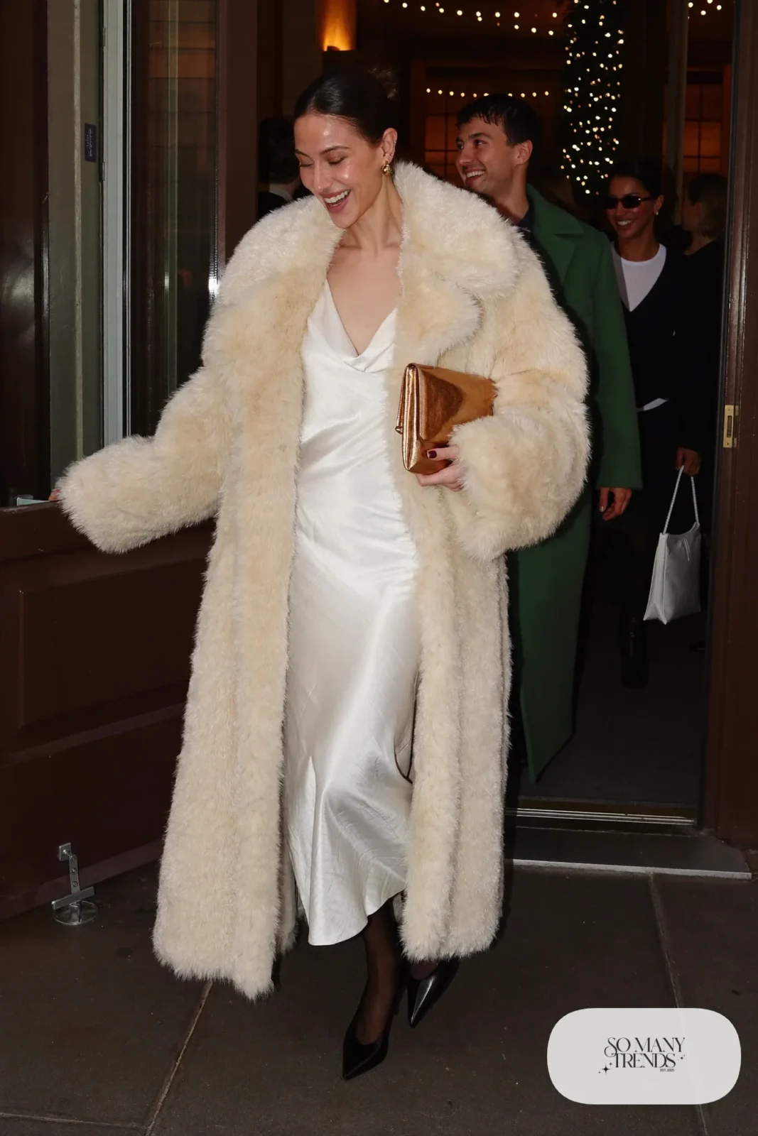 ivory satin slip dress cream faux fur coat black pumps sheer tights gold clutch outfit 5