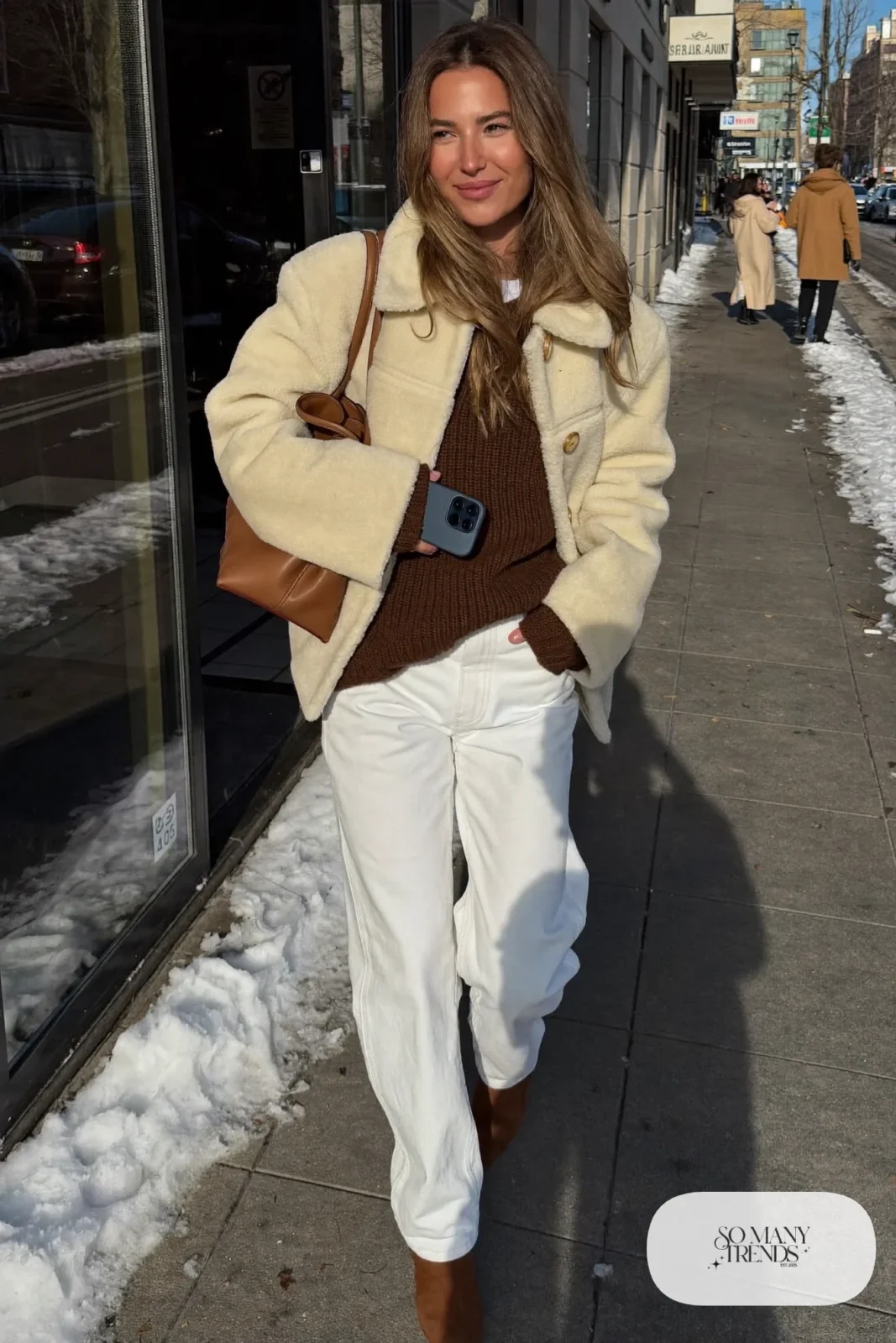 white straight jeans chocolate brown sweater cream shearling jacket brown suede boots outfit 6