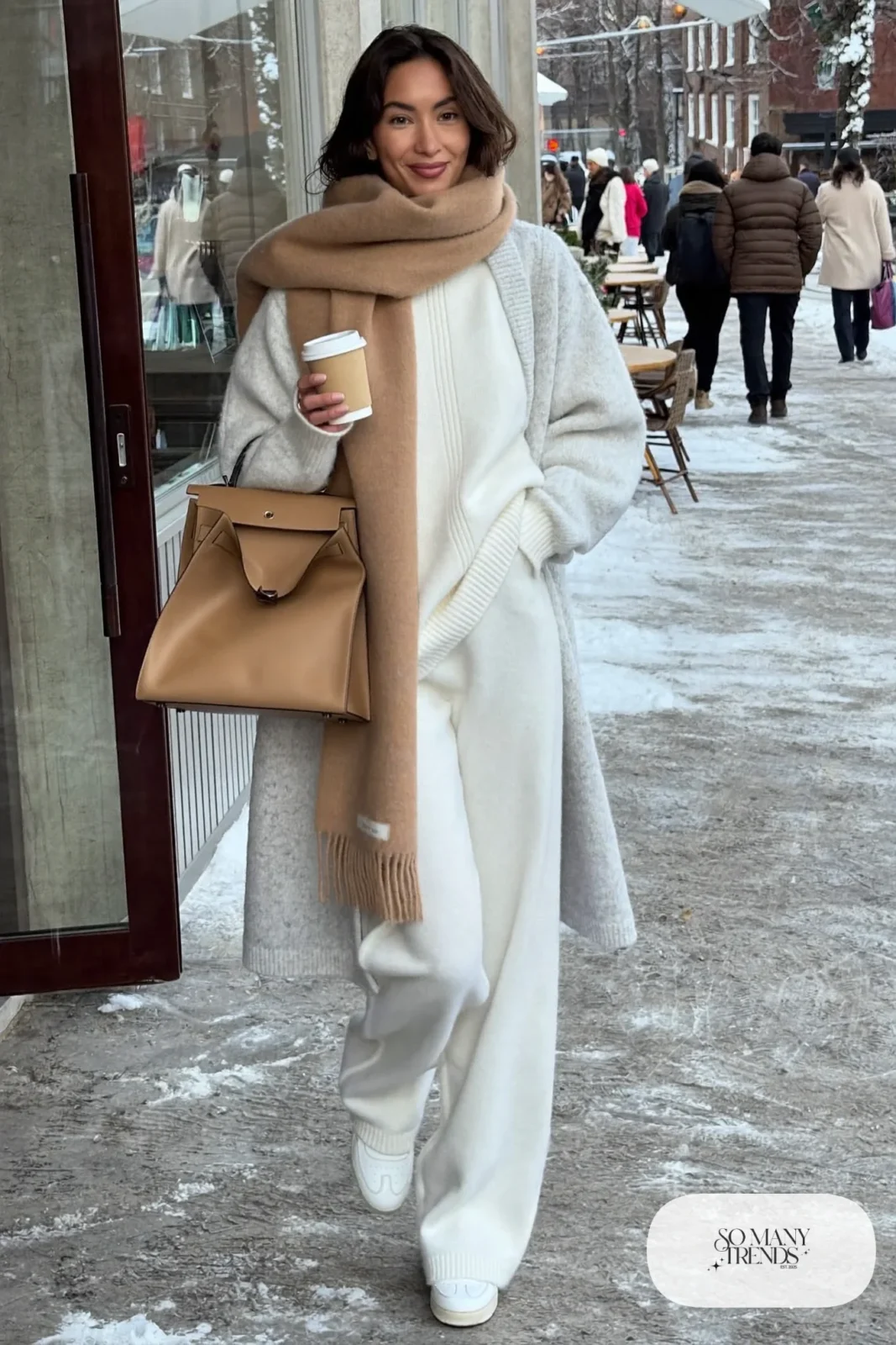 ivory knit pullover matching wide leg knit pants long gray cardigan white sneakers outfit 8