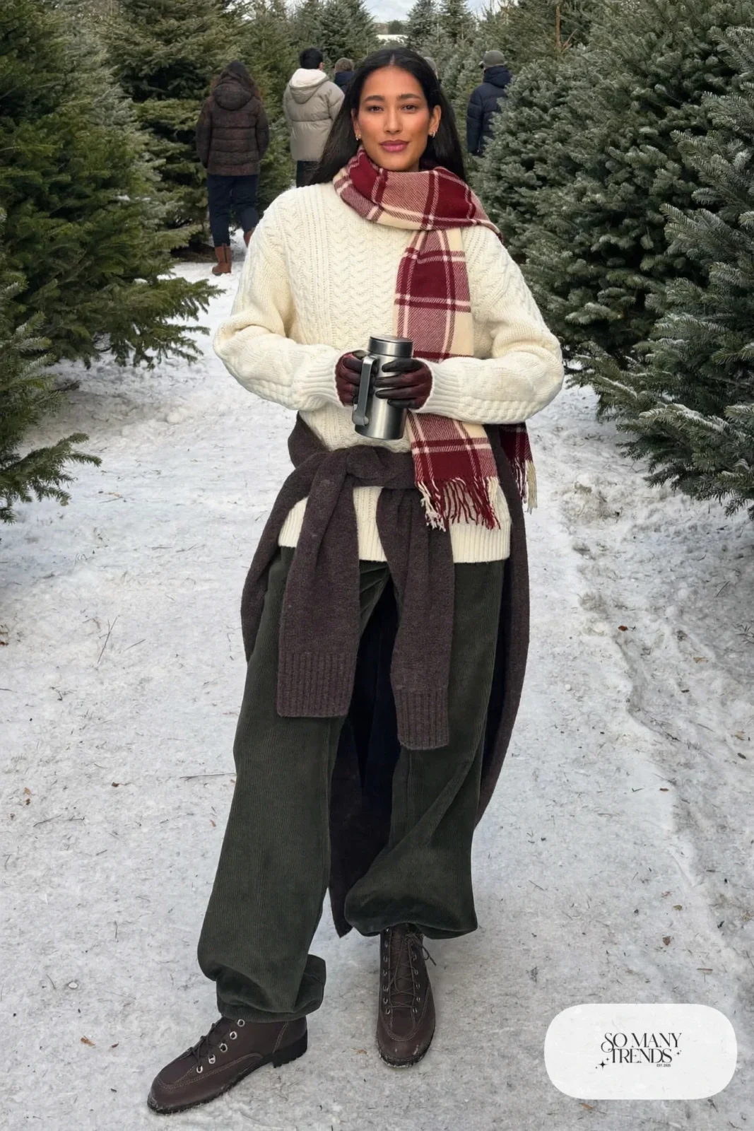 white fisherman cable sweater forest green corduroy pants brown boots plaid scarf outfit 11