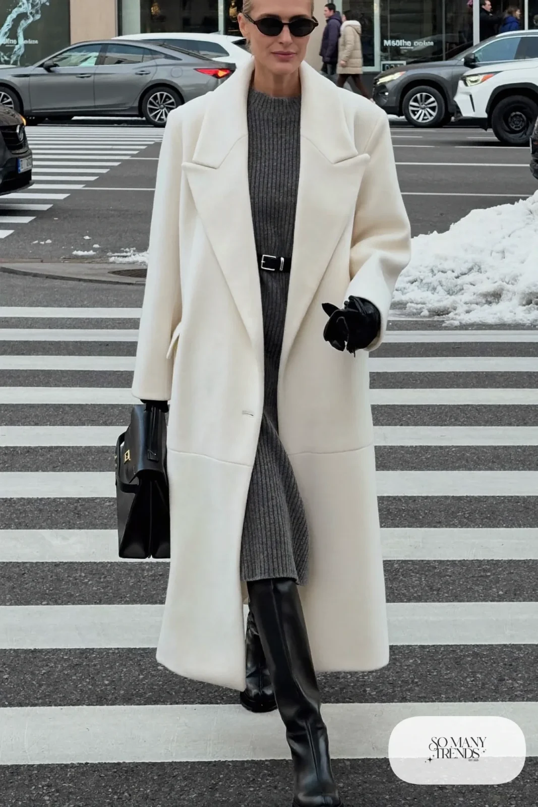 long ivory wool coat charcoal ribbed knit midi dress black tall boots leather belt outfit 12