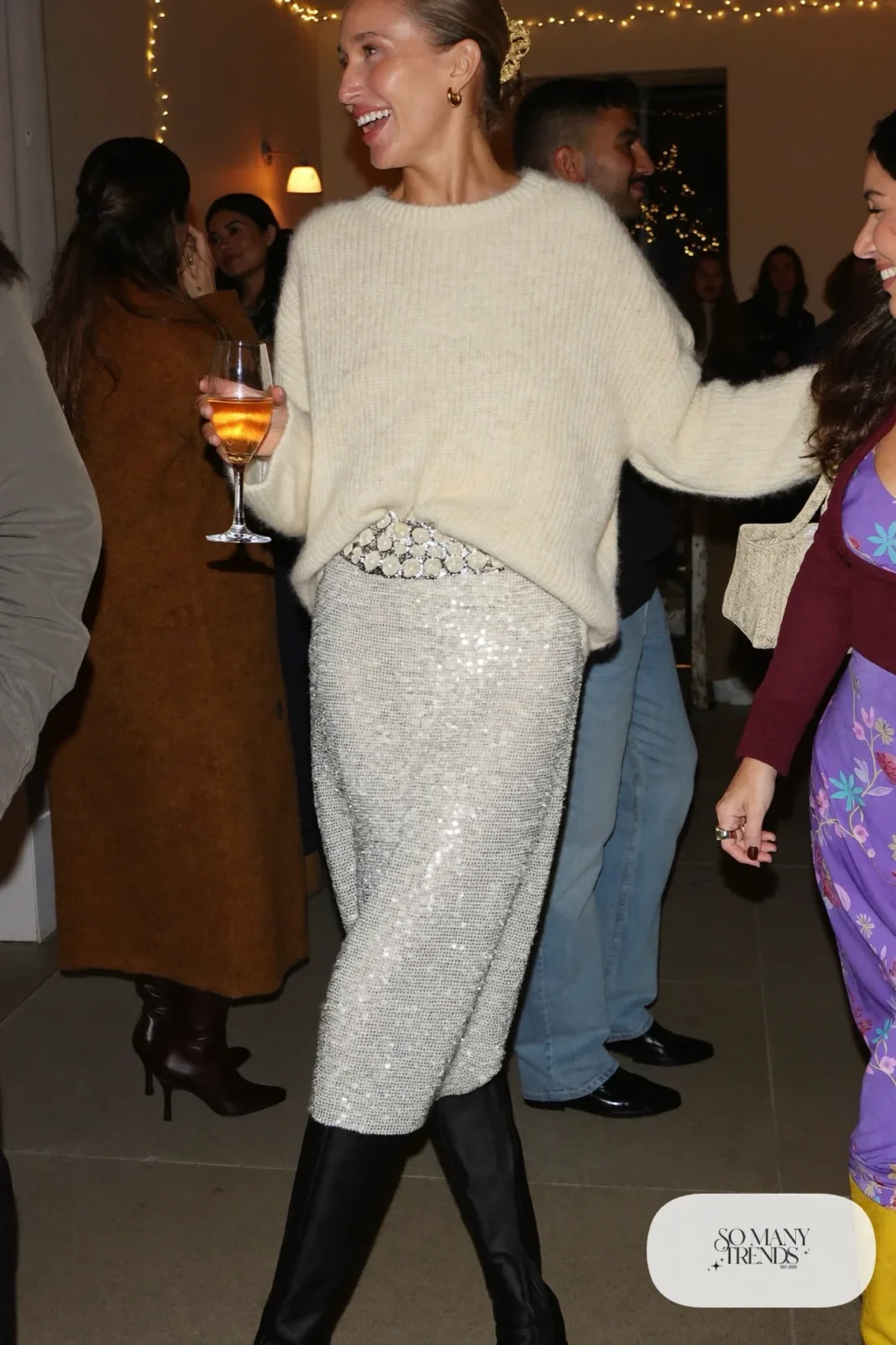 silver white sequin midi skirt chunky cream sweater black knee boots gold earrings outfit 13