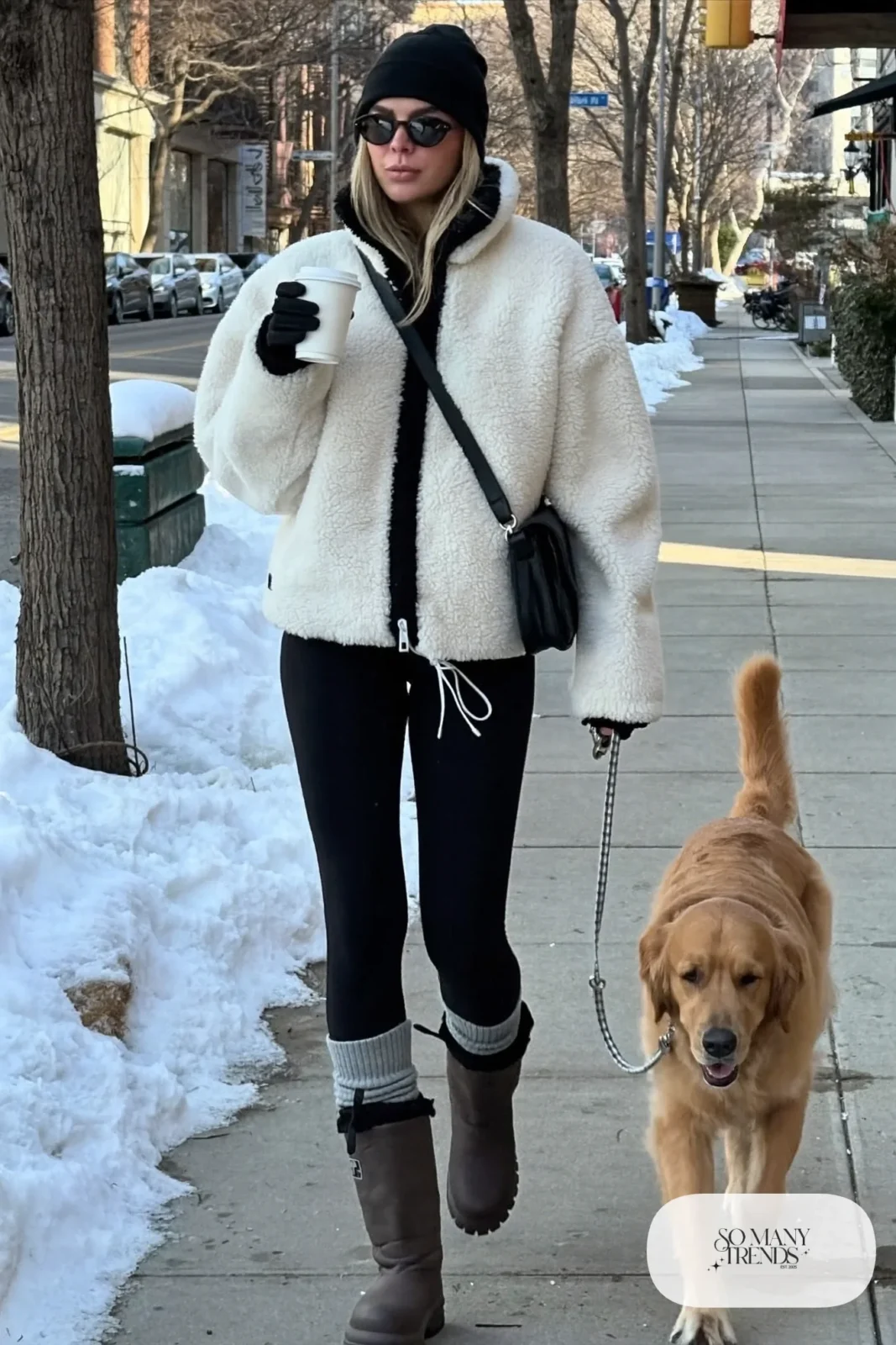 white sherpa fleece jacket black fleece lined leggings waterproof boots gray socks black beanie outfit 14