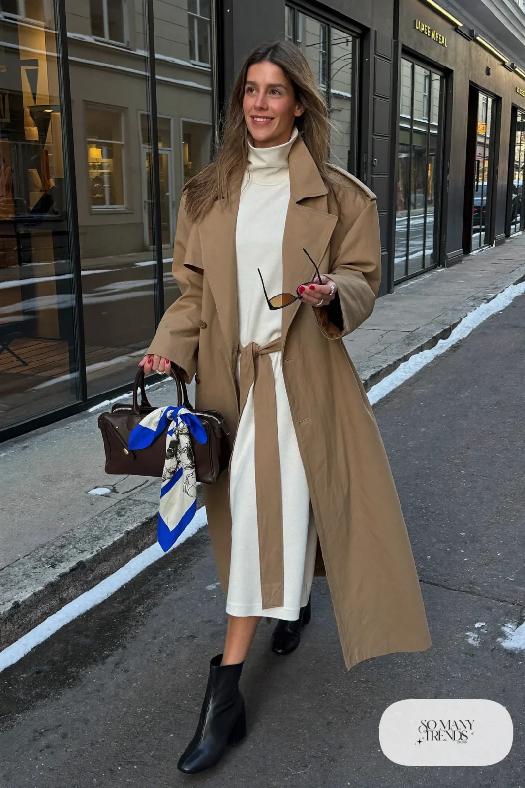 ivory a-line turtleneck knit midi dress long camel trench coat black block heel boots outfit 15