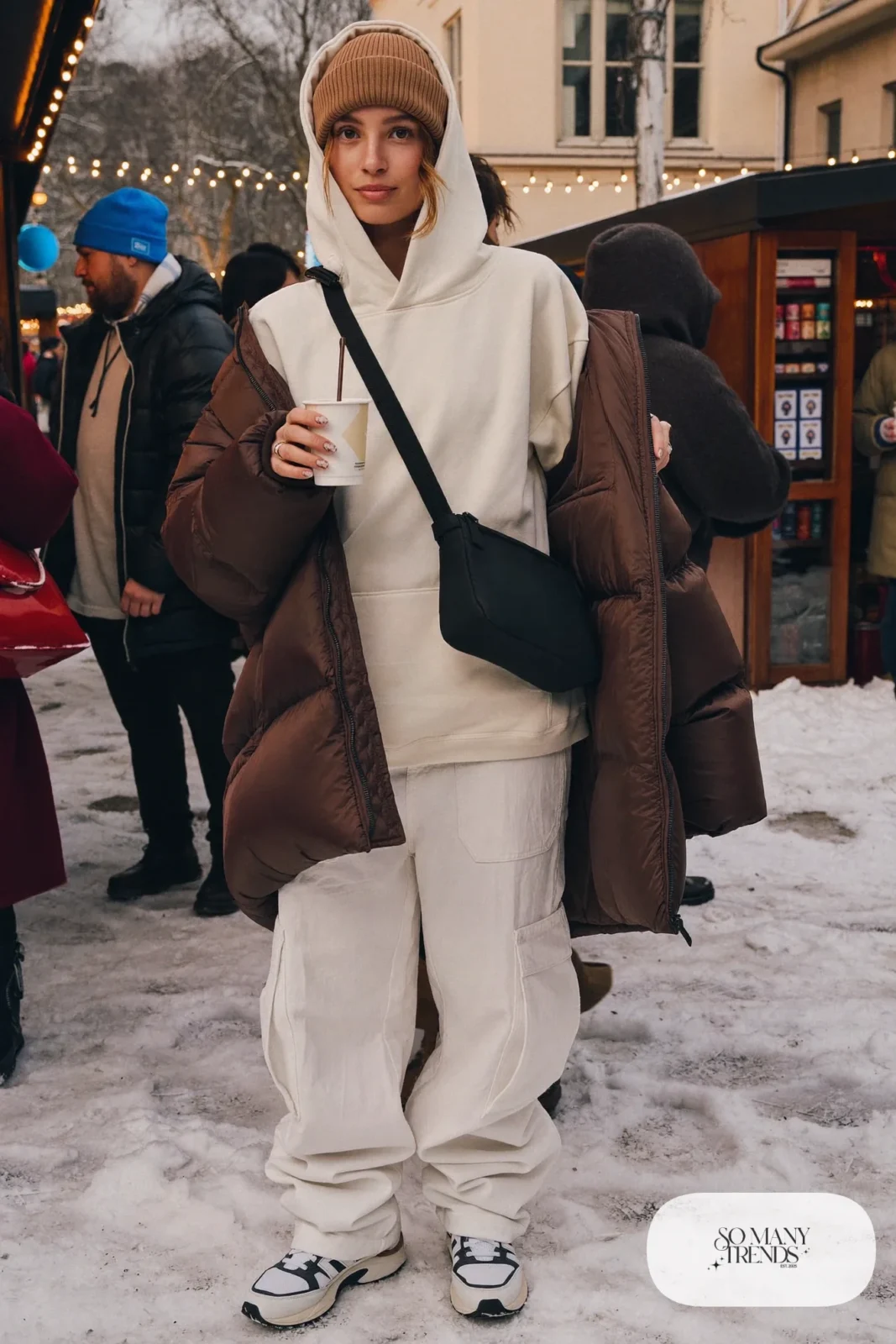 white cargo pants chocolate brown puffer jacket cream hoodie chunky sneakers outfit 16