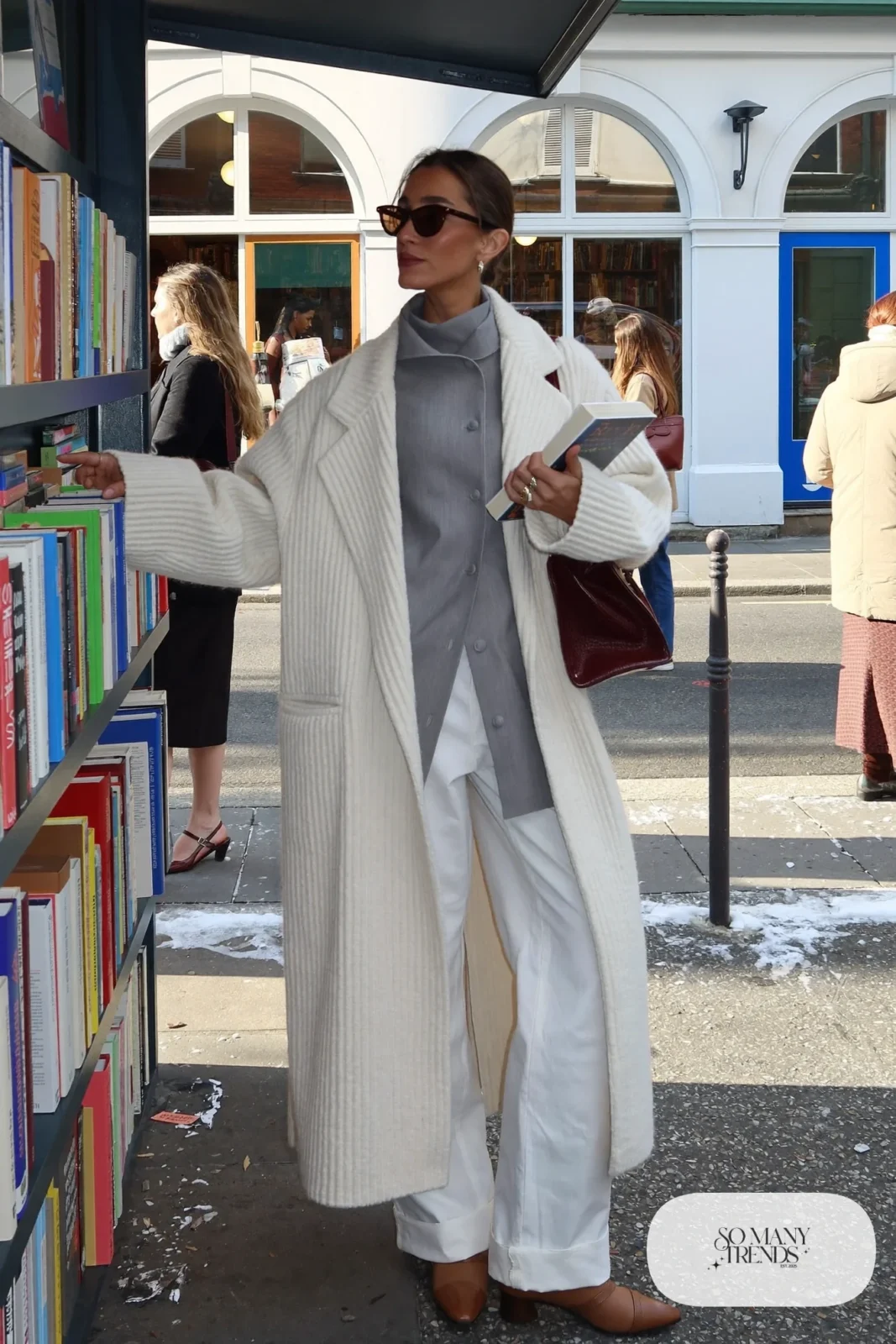long cream cardigan coat white wide leg pants gray turtleneck tan leather boots burgundy bag outfit 21