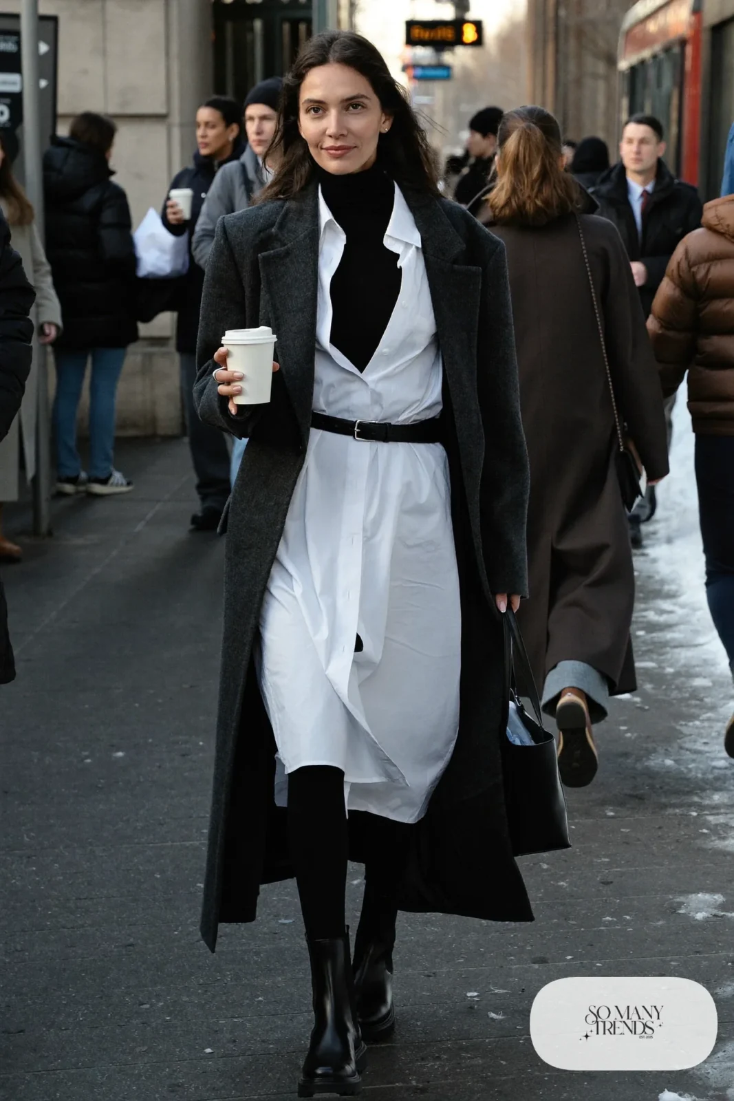 white cotton shirt dress black turtleneck black opaque tights chunky chelsea boots long charcoal coat outfit 27