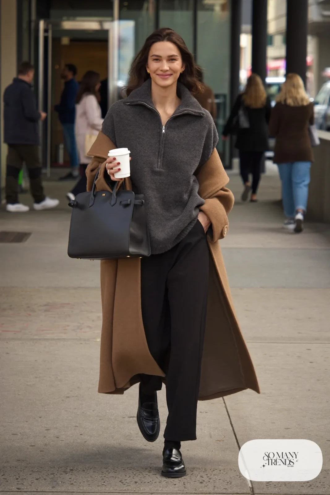 charcoal gray half-zip sweater black wide-leg pants camel long coat black loafers leather tote outfit 1