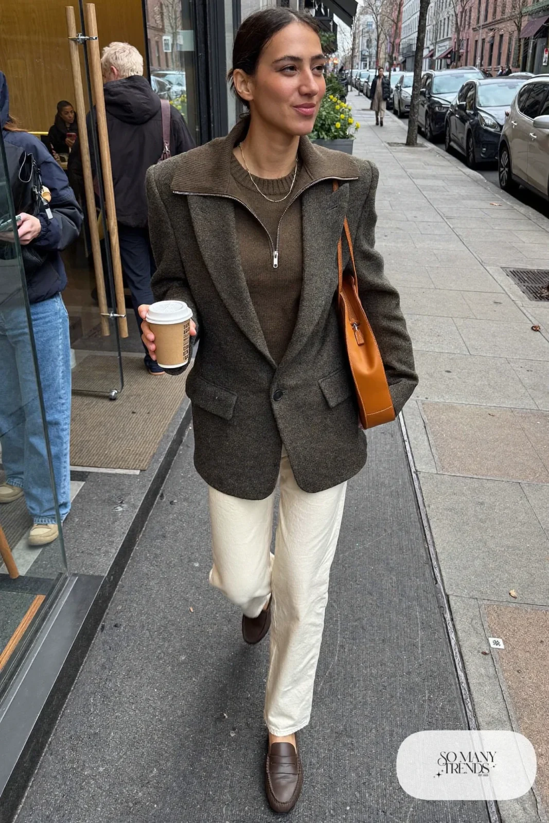 olive quarter-zip sweater gray boxy blazer cream straight pants brown loafers leather bag outfit 2