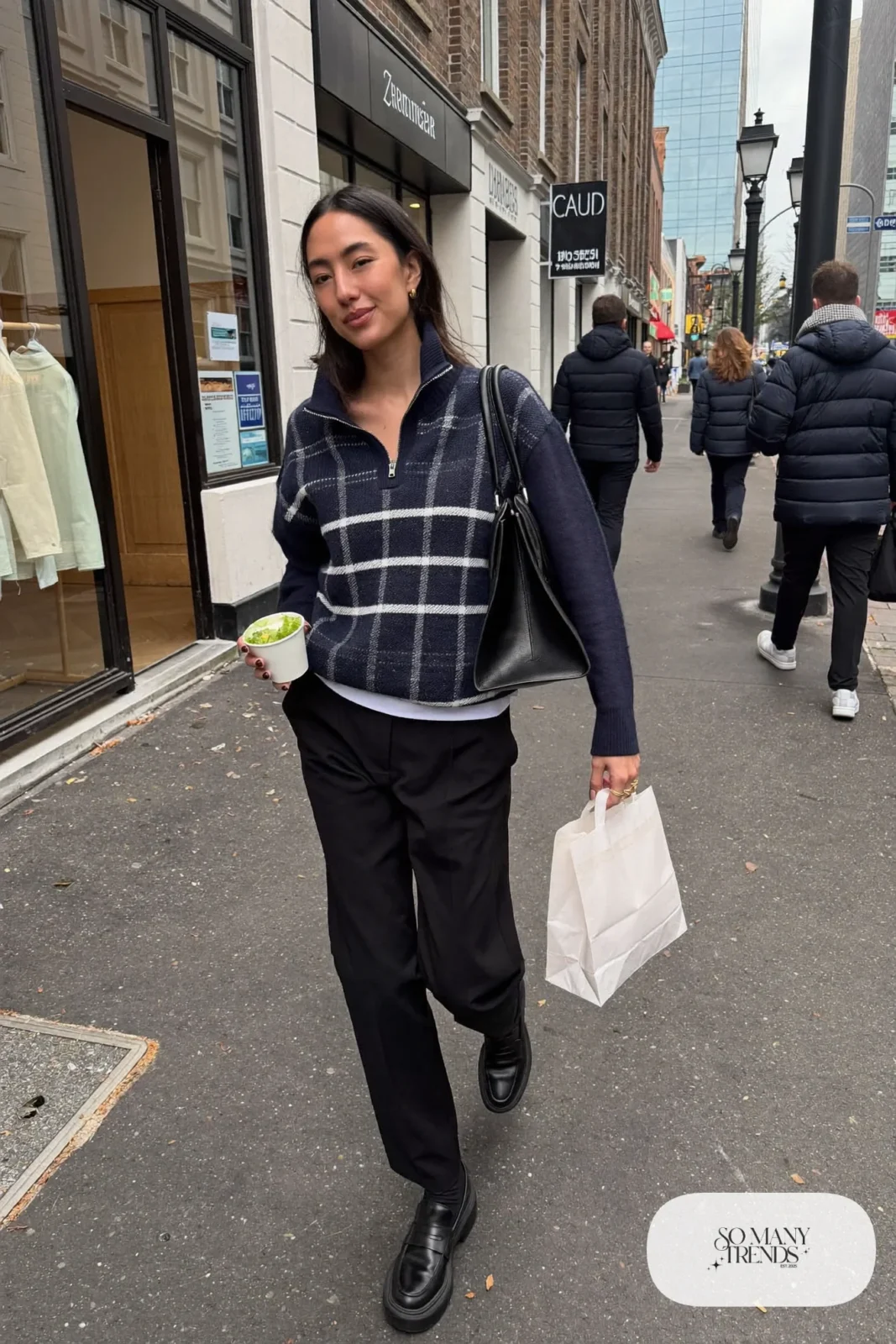 navy half-zip sweater gray plaid vest black pants loafers shoulder bag outfit 6
