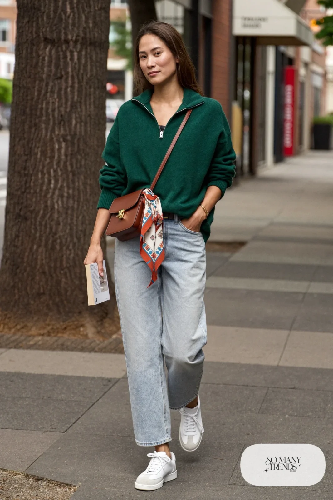 forest green half-zip sweater light wash barrel jeans white sneakers brown crossbody bag silk scarf outfit 8