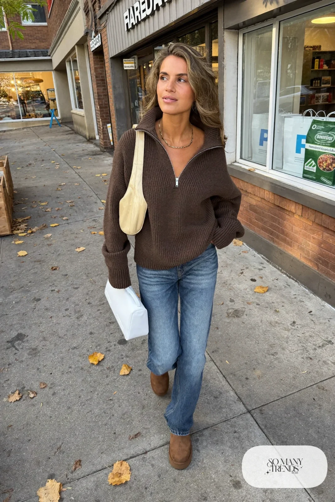 chocolate brown half-zip sweater faded straight jeans brown suede ankle boots cream shoulder bag gold chain outfit 11