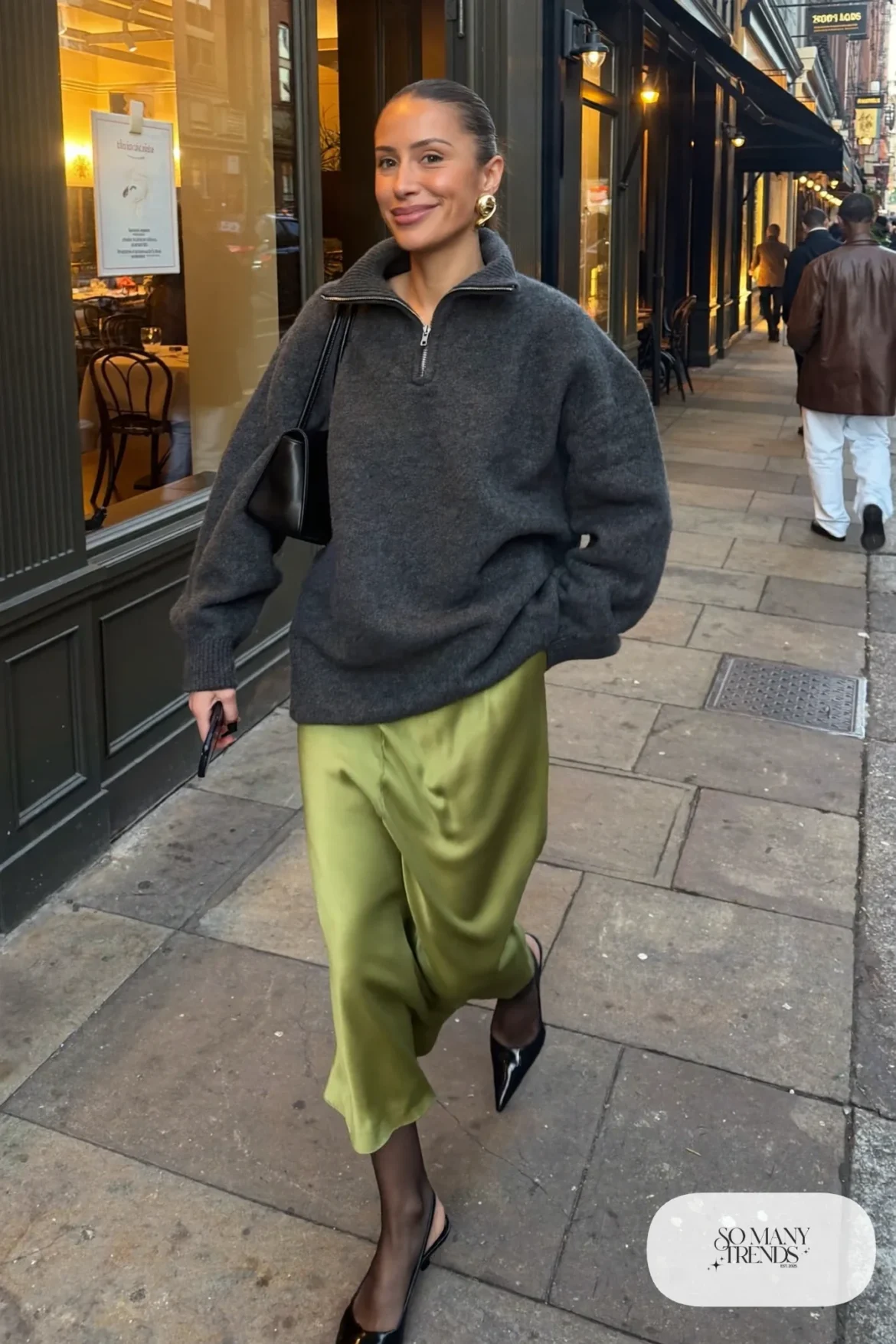 charcoal half-zip sweater olive satin midi skirt black pointed slingbacks small black shoulder bag outfit 15