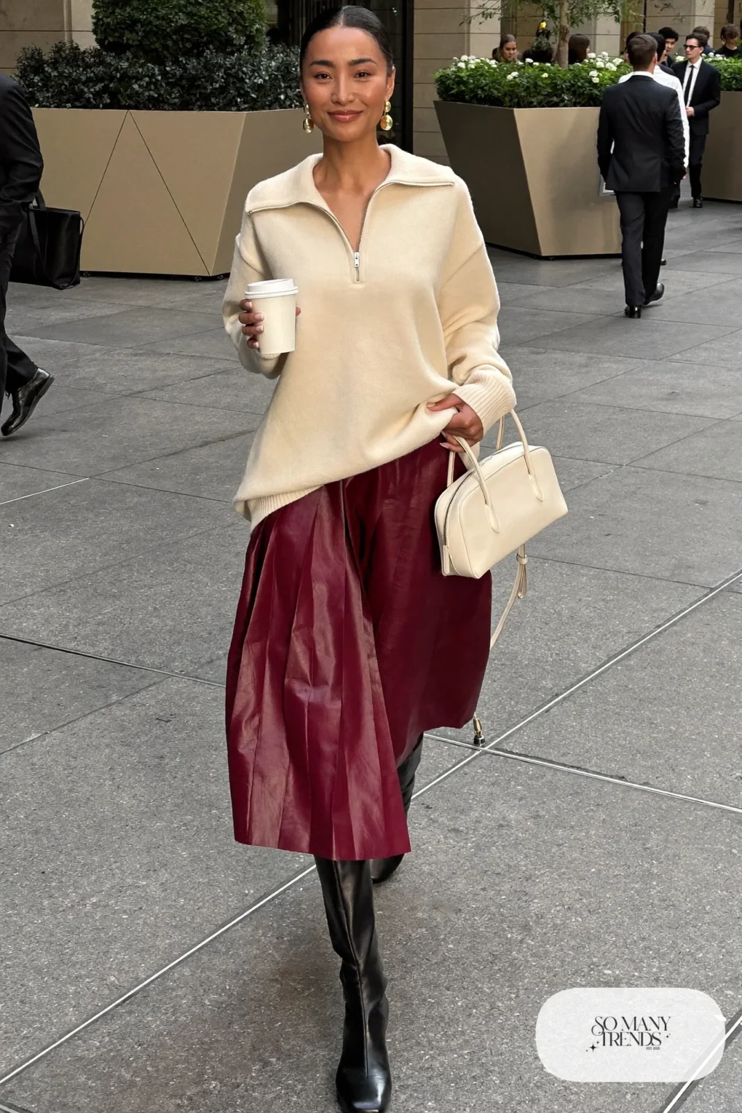 cream half-zip sweater burgundy pleated midi skirt tall black boots cream shoulder bag gold earrings outfit 16