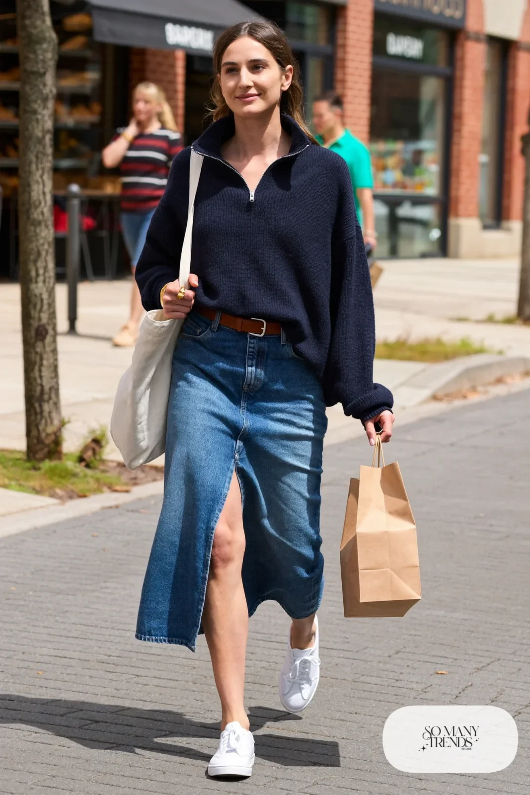 navy half-zip sweater denim midi skirt front slit white sneakers canvas tote brown belt outfit 17