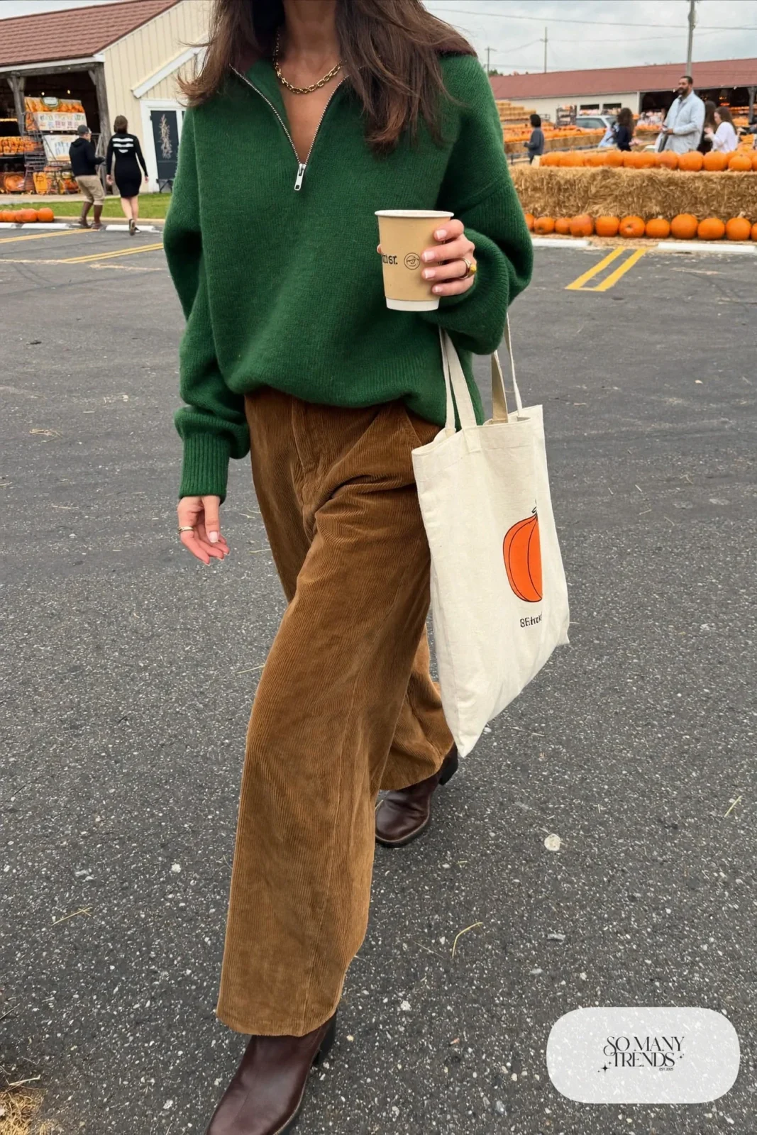 forest green half-zip sweater camel wide-leg corduroy pants brown leather boots canvas tote outfit 18