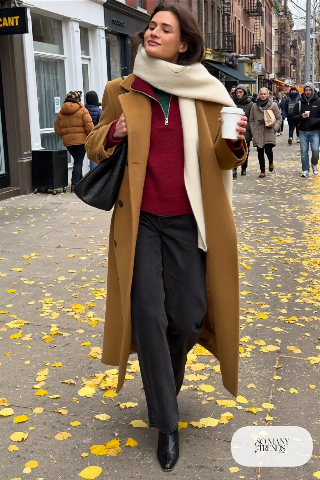 burgundy half-zip sweater long camel wool coat black straight jeans black boots cream scarf outfit 20