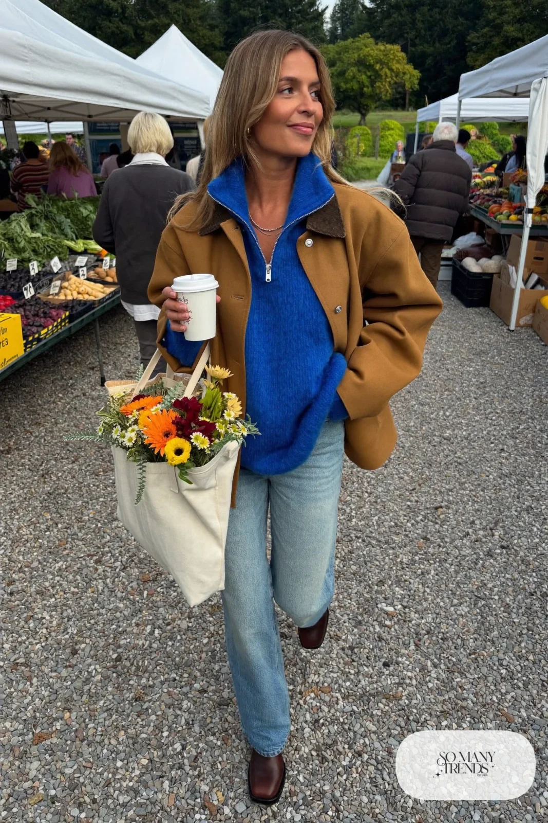 cobalt blue half-zip sweater tan barn jacket light wash straight jeans brown boots canvas tote outfit 21