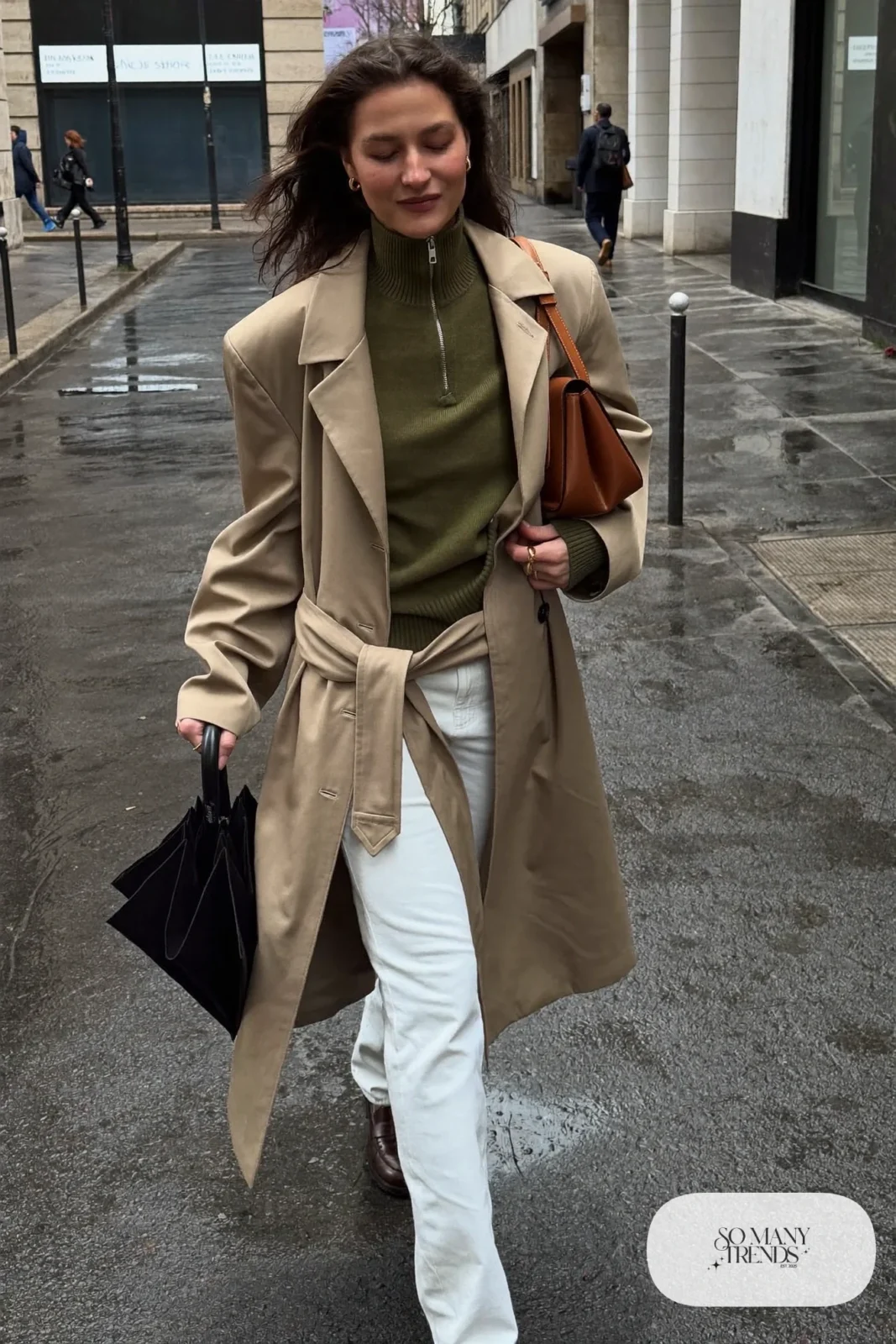 olive half-zip sweater long stone trench coat white straight jeans brown loafers leather bag outfit 23