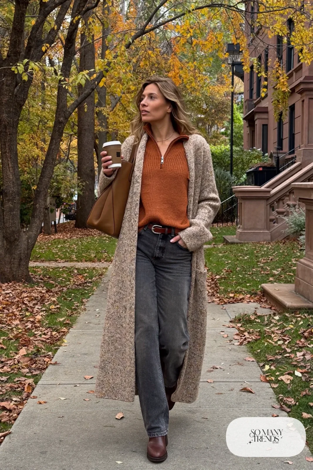 rust half-zip sweater long oatmeal cardigan brown leather belt dark straight jeans ankle boots tote outfit 24