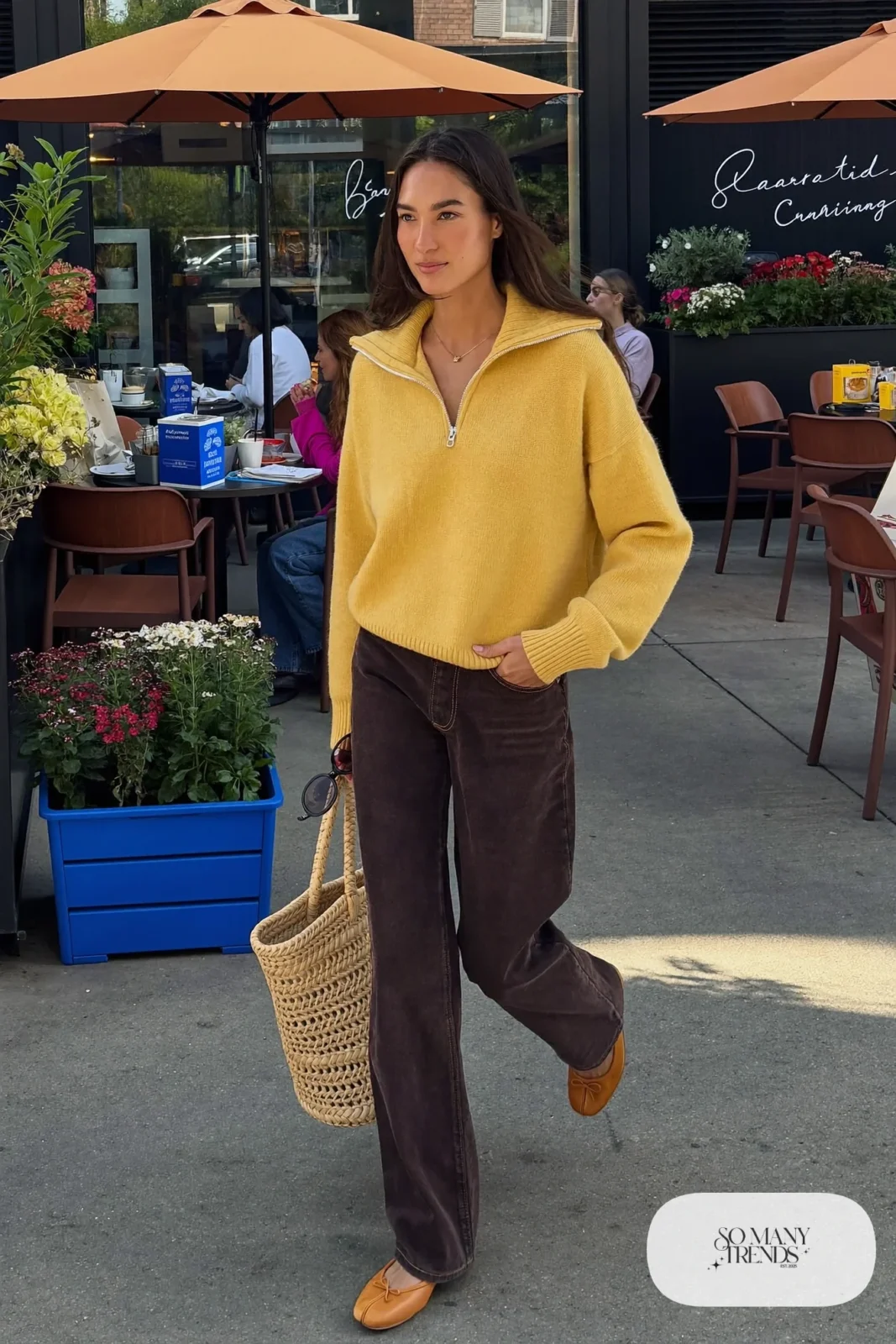 butter yellow half-zip sweater dark wide-leg jeans tan leather flats straw bag delicate necklace outfit 27