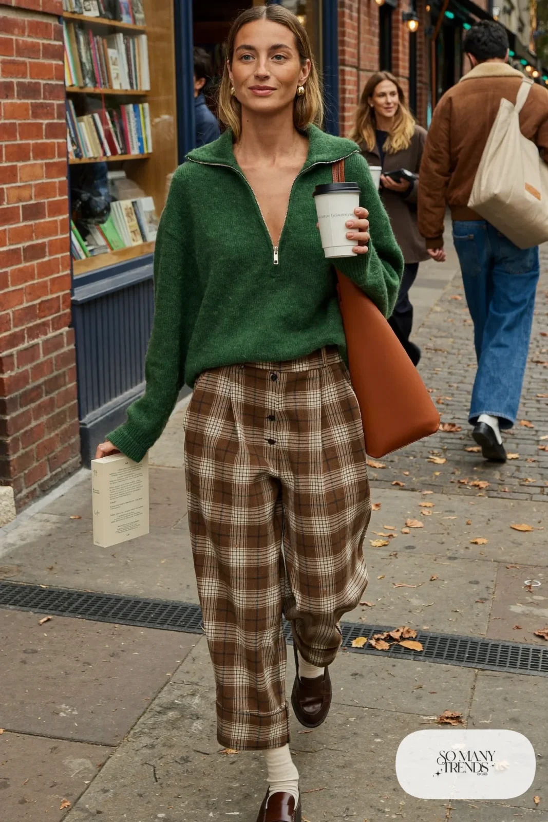 forest green half-zip sweater brown cream plaid wide-leg pants brown loafers visible socks leather tote outfit 28
