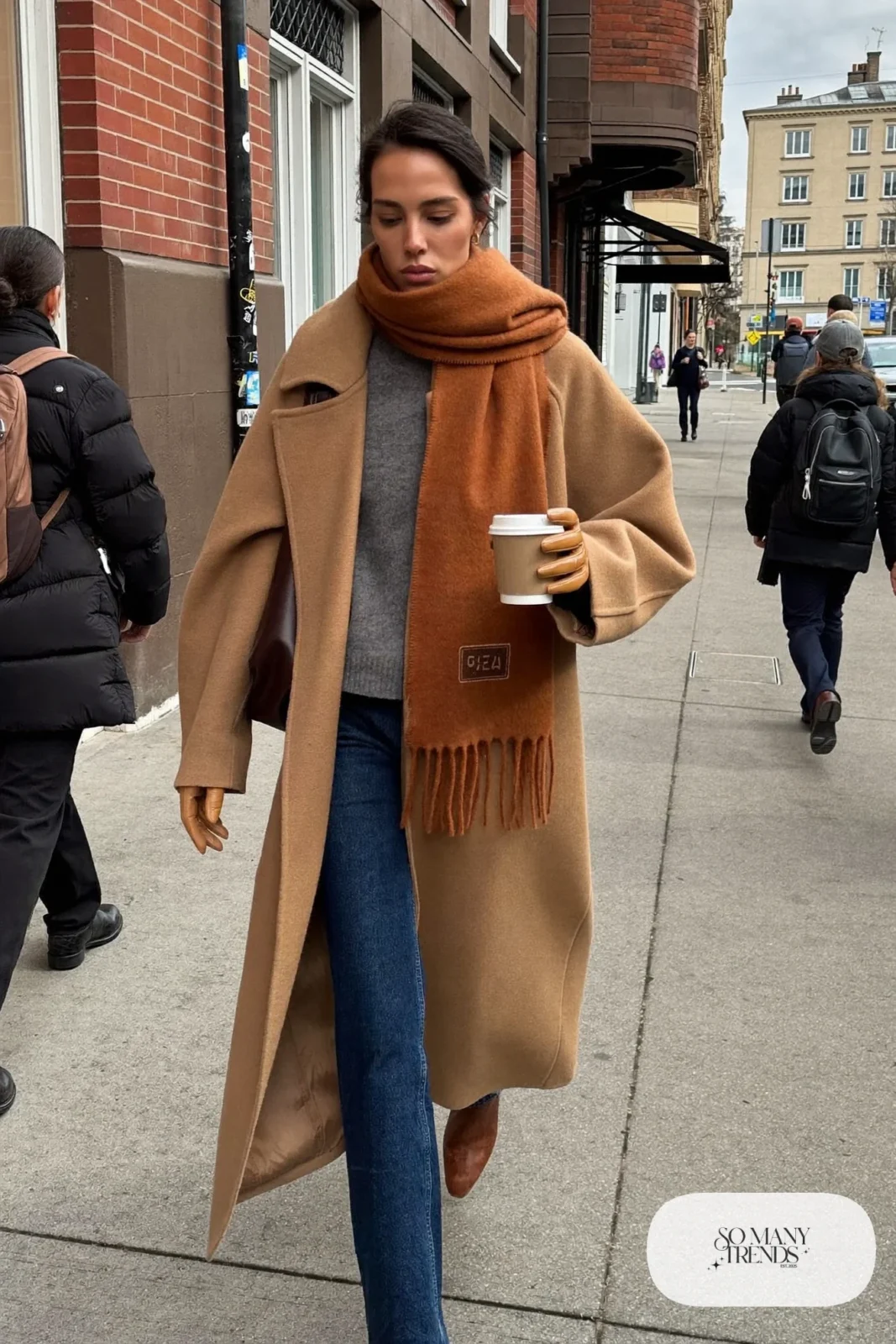 camel oversized wool coat rust wool scarf gray sweater straight jeans leather boots outfit 1