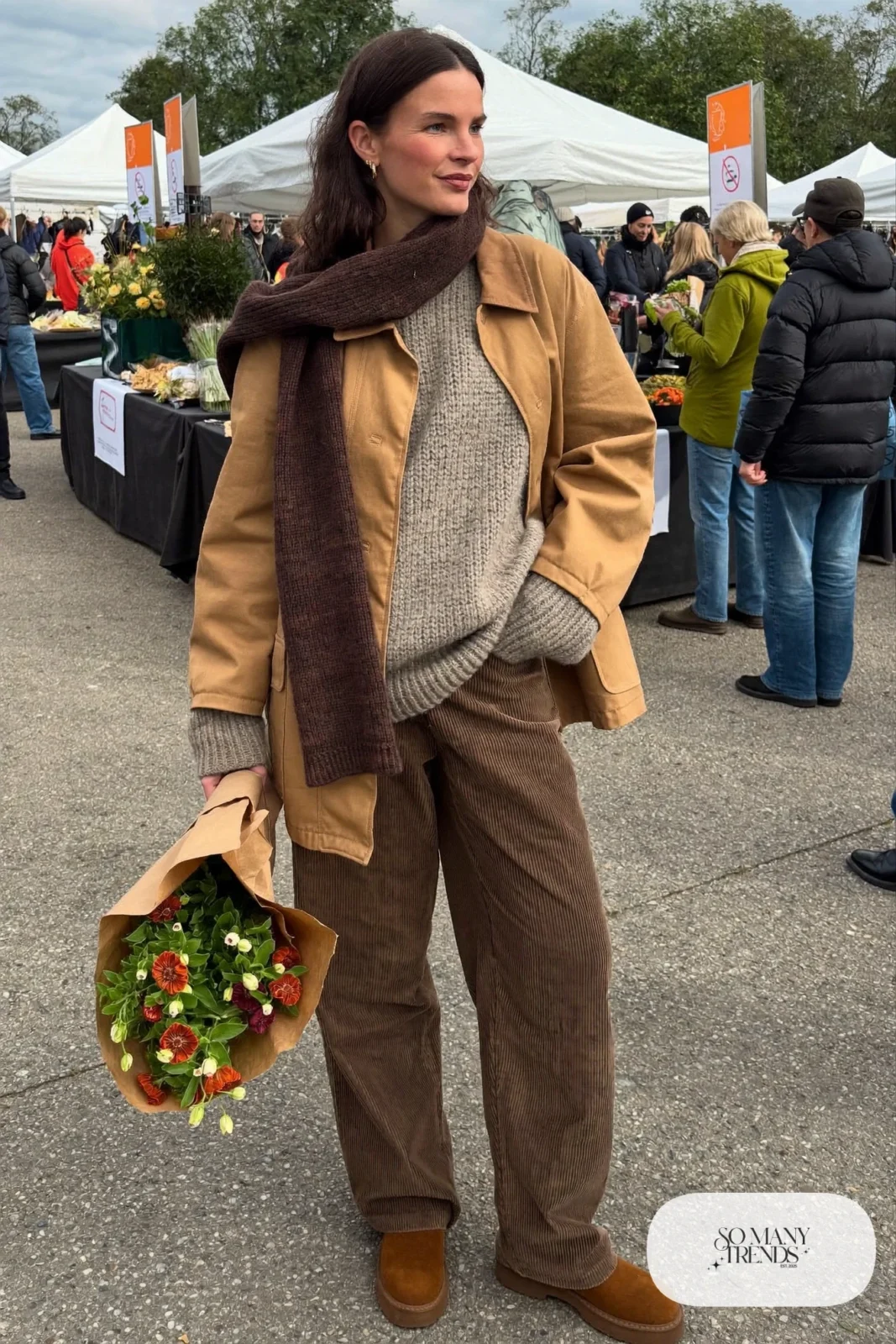 boxy tan field jacket oatmeal sweater chocolate brown scarf wide-leg corduroy pants suede boots outfit 8