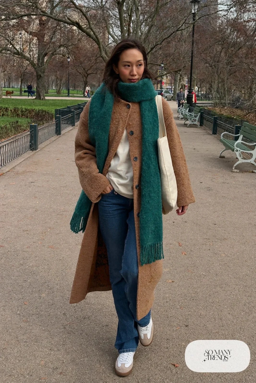 long camel cardigan coat teal scarf cream tee straight jeans white sneakers outfit 9