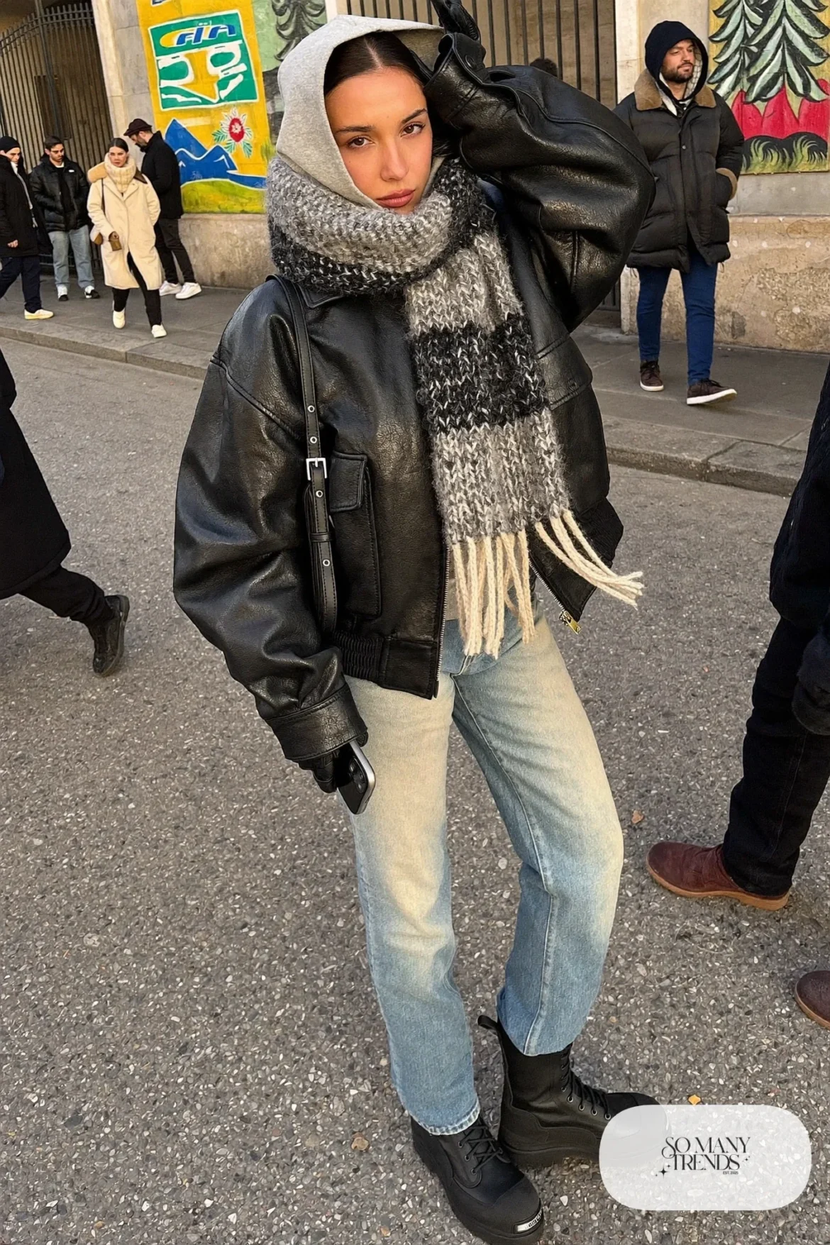 boxy black leather jacket marled gray scarf gray hoodie straight jeans combat boots outfit 10