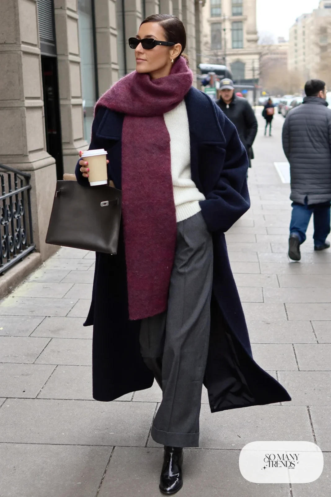 navy long wool coat plum scarf gray wide-leg pants black boots leather bag outfit 11