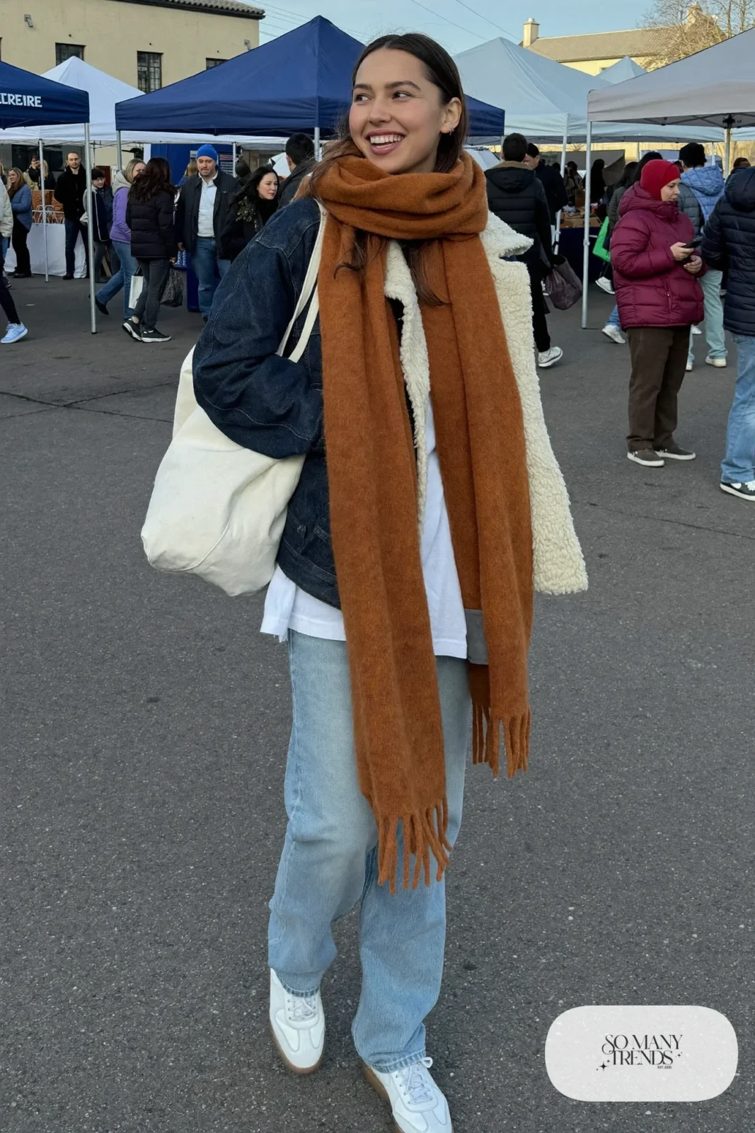 sherpa lined denim jacket burnt orange scarf white tee straight jeans white sneakers outfit 15