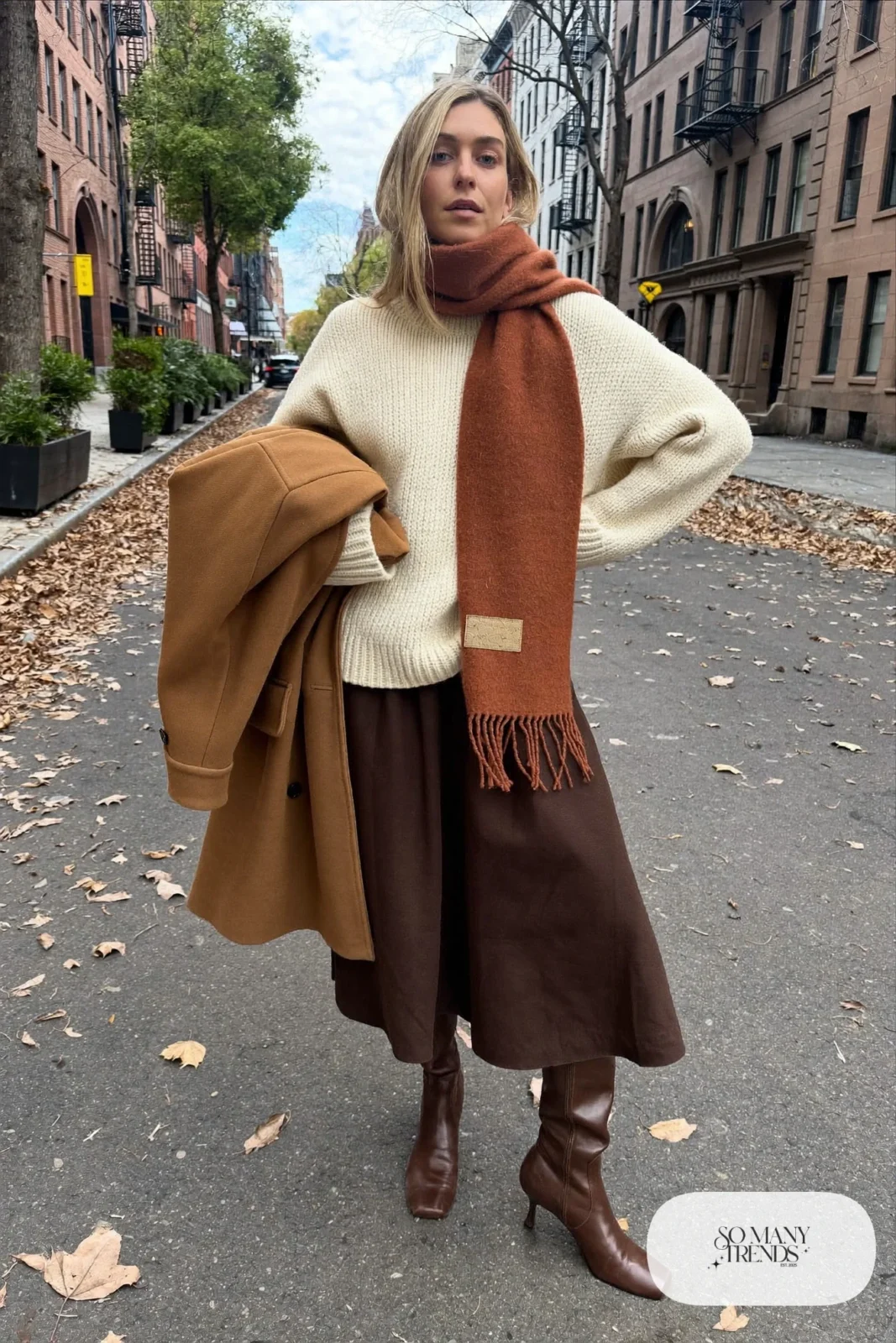 chunky cream sweater long brown wool skirt fringed rust scarf knee-high boots outfit 16