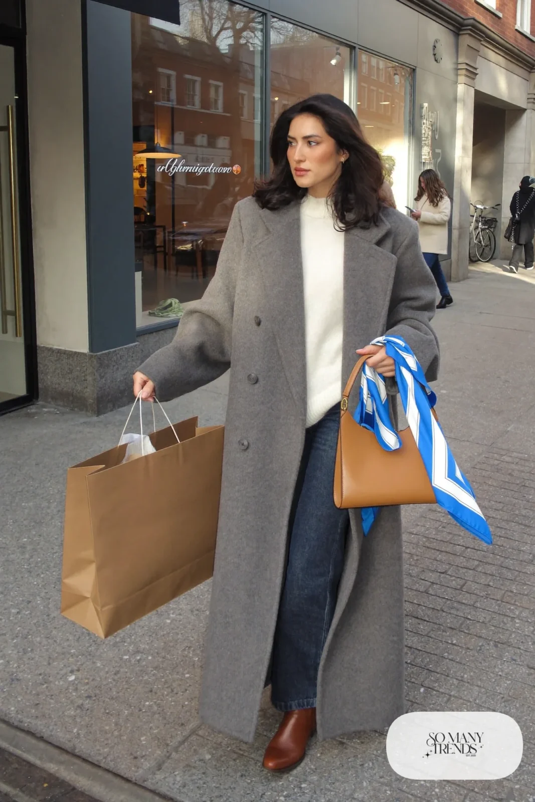 gray long wool coat white sweater straight jeans leather boots silk scarf tied on bag handle outfit 20