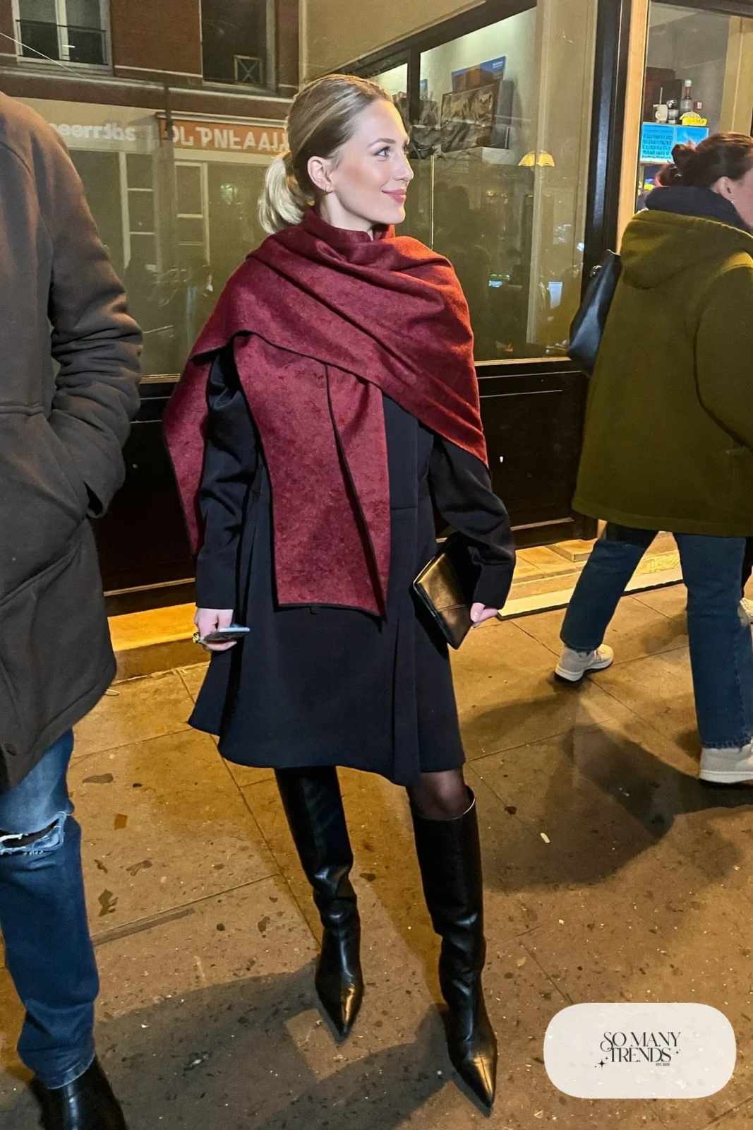black long-sleeve midi dress burgundy pashmina wrap sheer tights knee-high boots outfit 21
