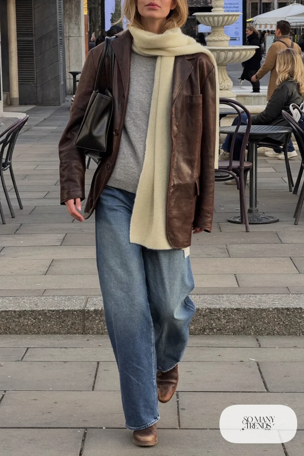 oversized brown leather blazer cream thin scarf gray knit sweater wide-leg jeans ankle boots outfit 22