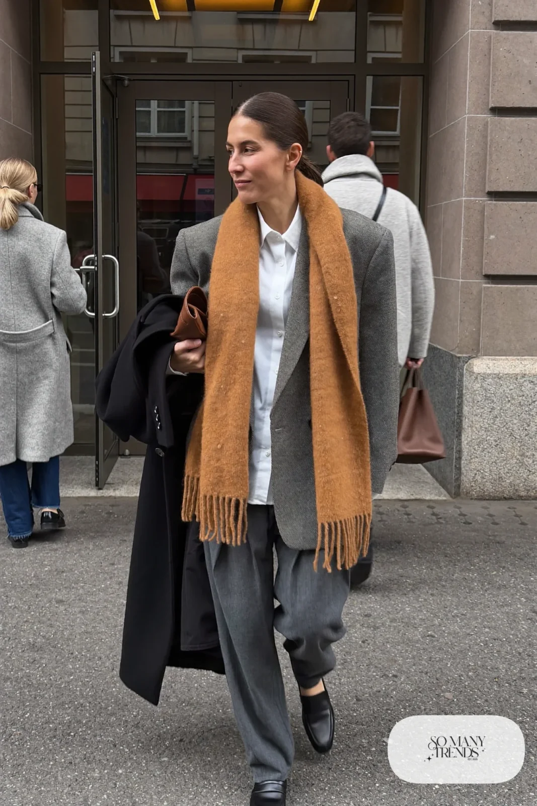 gray oversized wool blazer camel scarf white shirt pleated pants loafers outfit 23