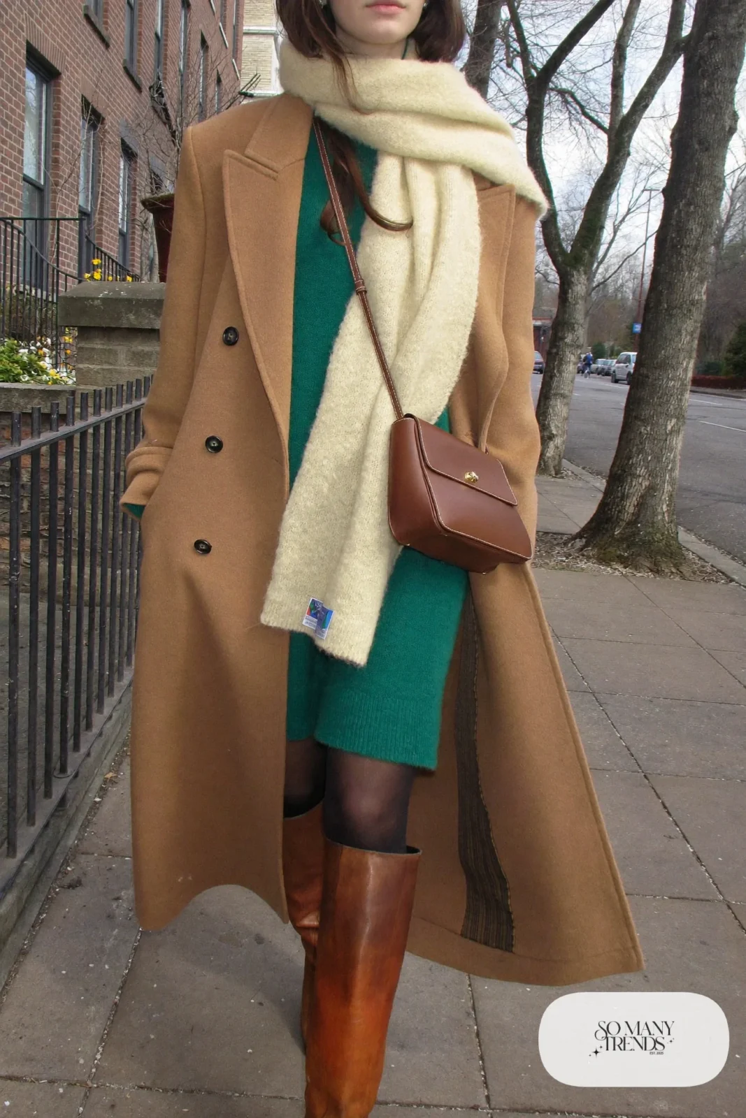 oversized forest green knit midi dress cream cashmere scarf opaque tights tall brown boots camel coat outfit 24