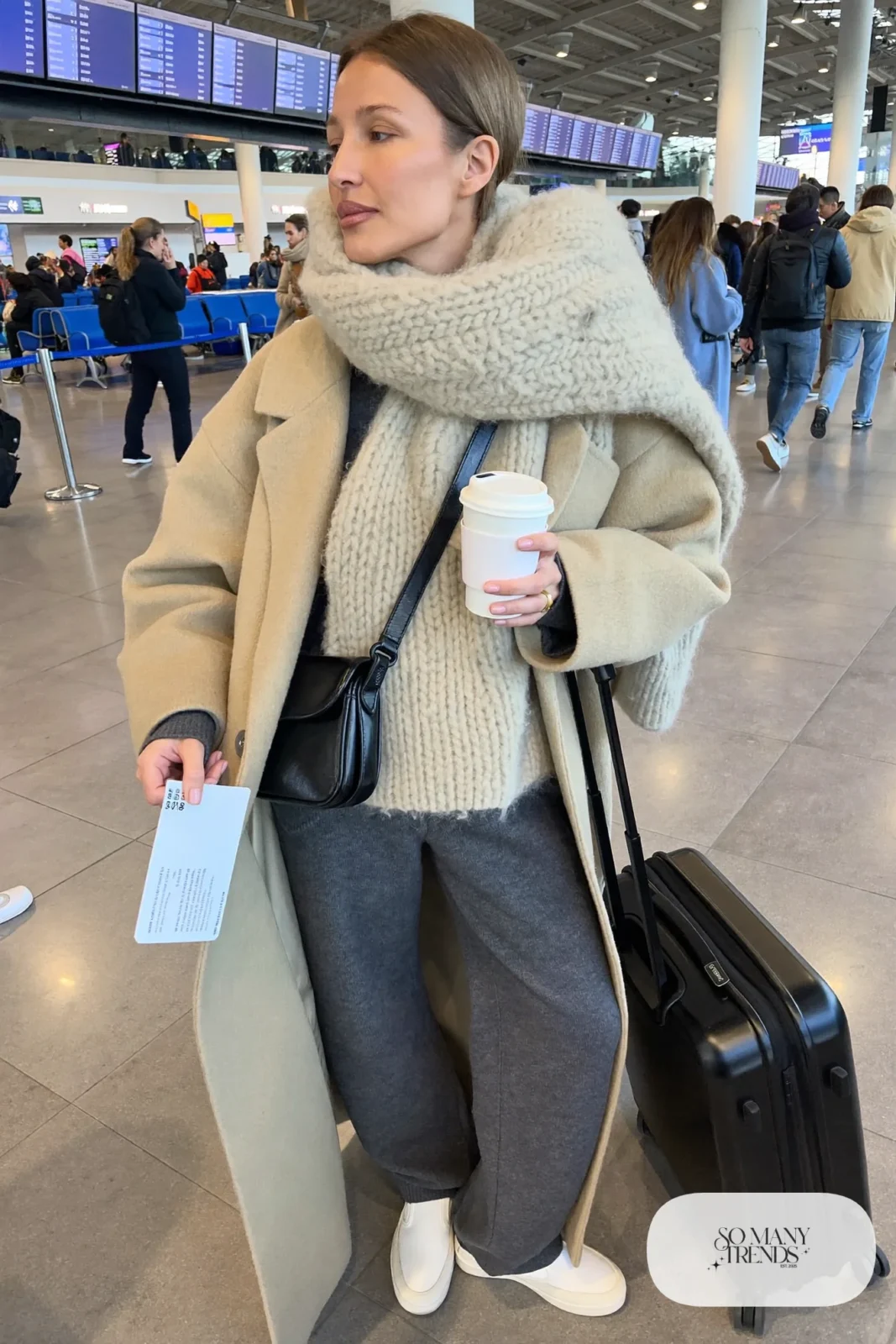 oversized oatmeal scarf gray knit set long beige coat slip-on sneakers crossbody bag outfit 25