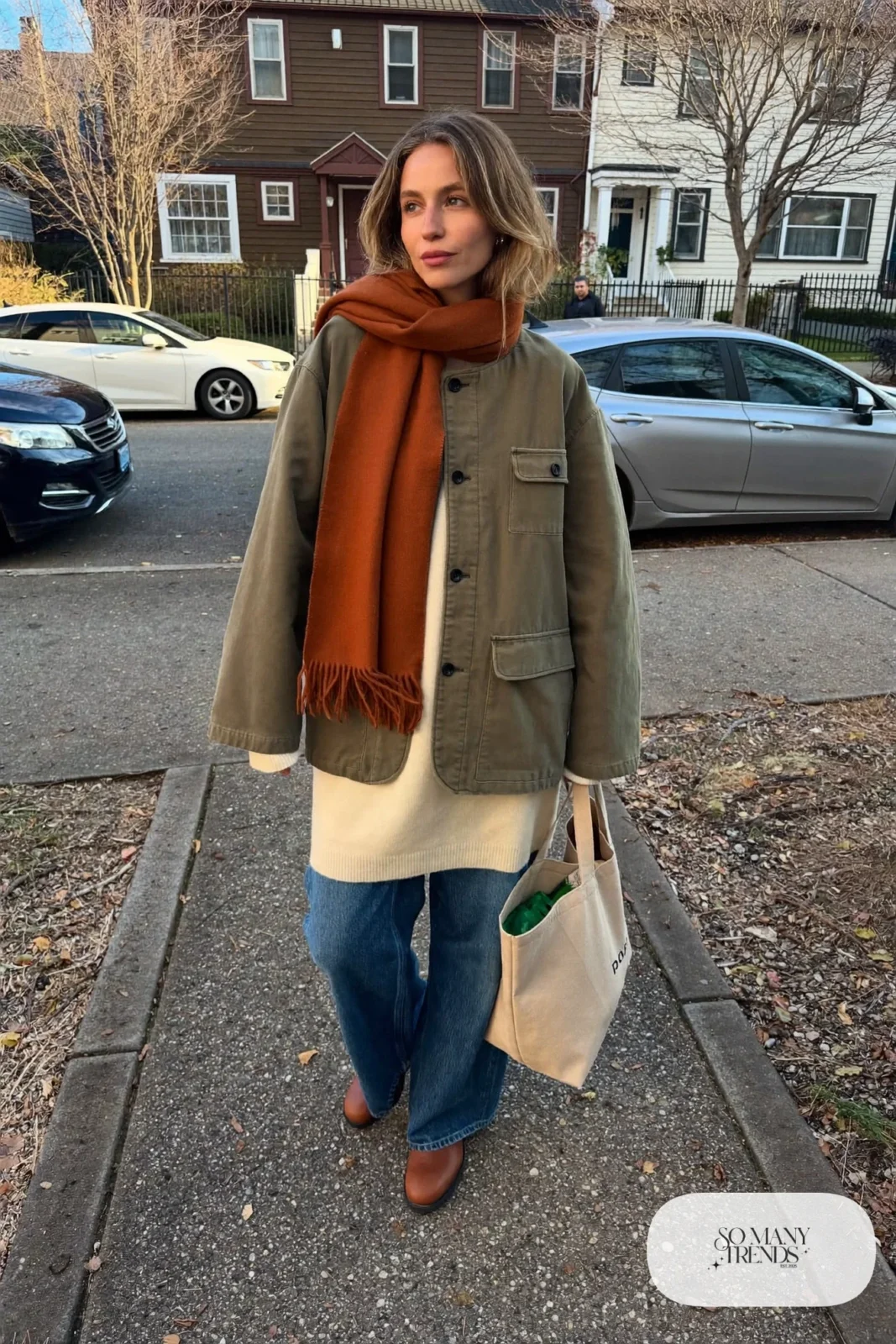 olive utility jacket rust scarf cream sweater straight jeans brown boots outfit 28