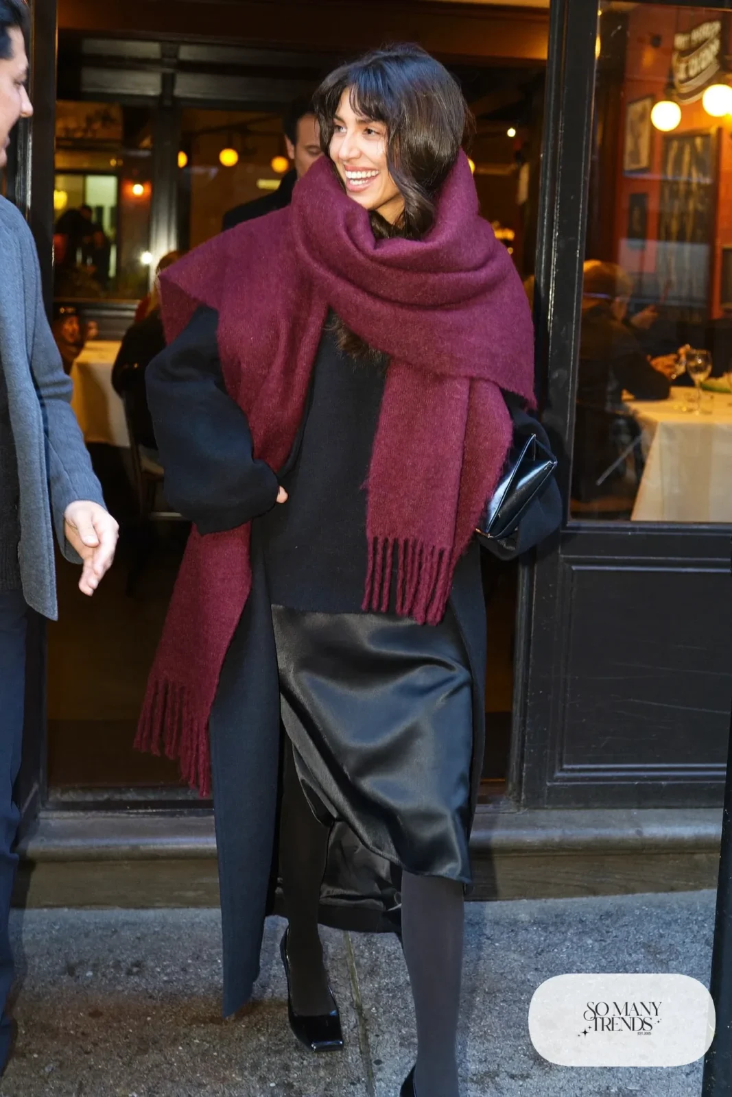 long black coat burgundy wrap scarf black satin midi skirt kitten heels sheer tights outfit 30