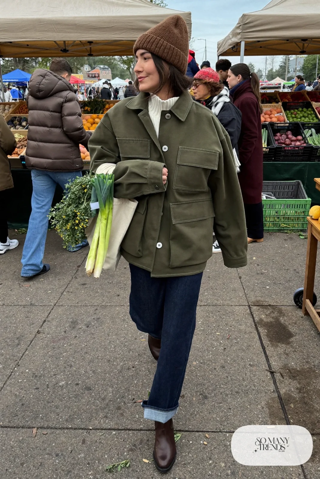 olive utility jacket cream turtleneck dark jeans brown chelsea boots tote outfit 3