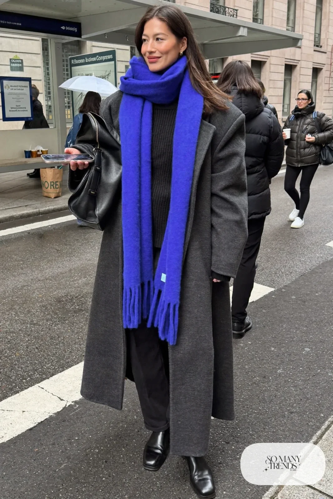 charcoal wool coat cobalt blue scarf black sweater black pants ankle boots outfit 4