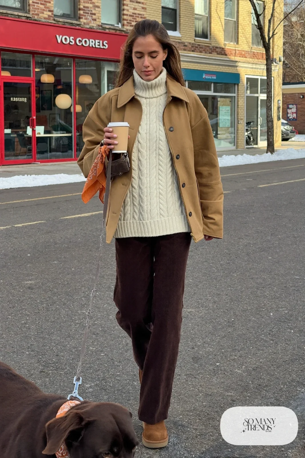 cream fisherman sweater brown corduroy wide-leg pants tan suede ankle boots barn jacket outfit 5