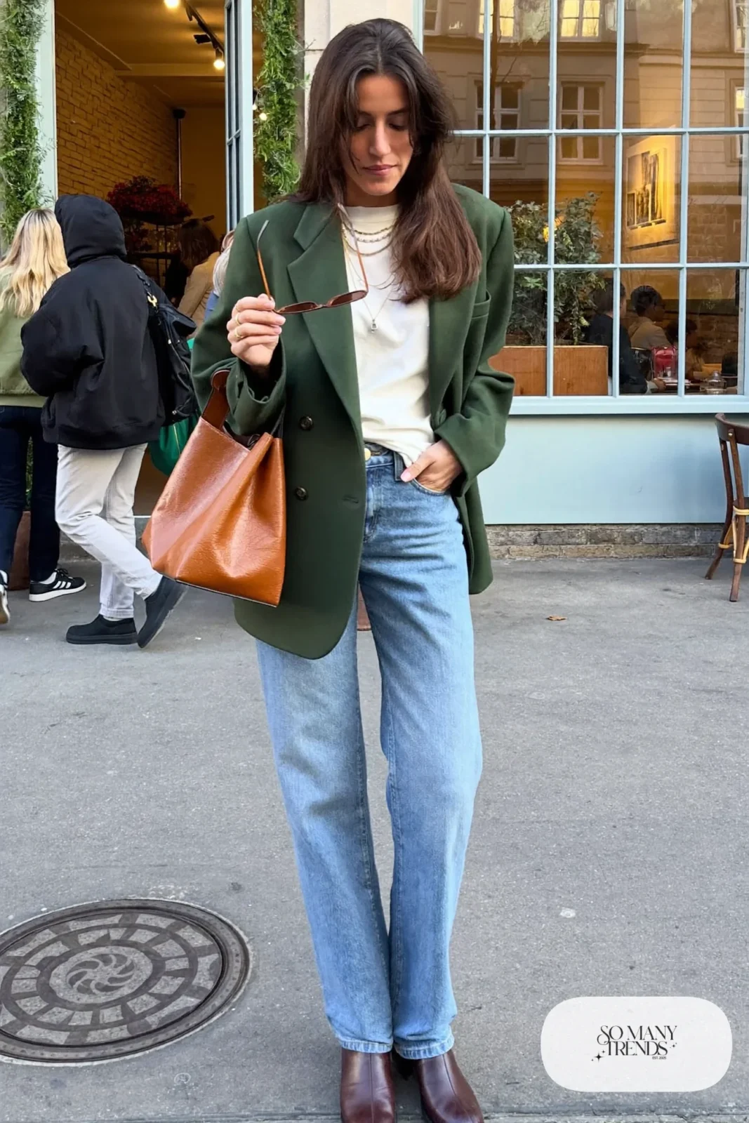 forest green blazer white tee straight jeans brown ankle boots shoulder bag outfit 7