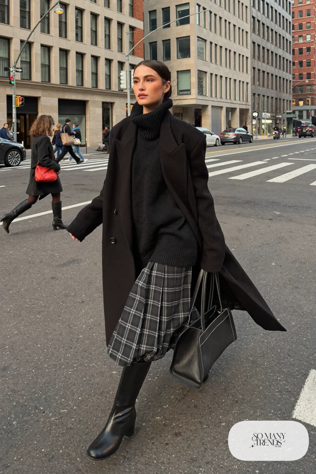 plaid pleated midi skirt black turtleneck tall black boots long black coat outfit 10