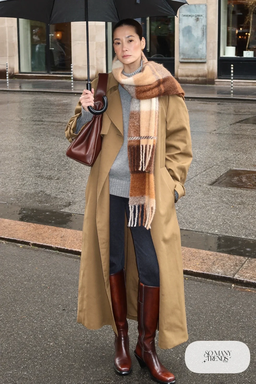 khaki trench coat gray sweater dark jeans tall brown boots plaid scarf outfit 13